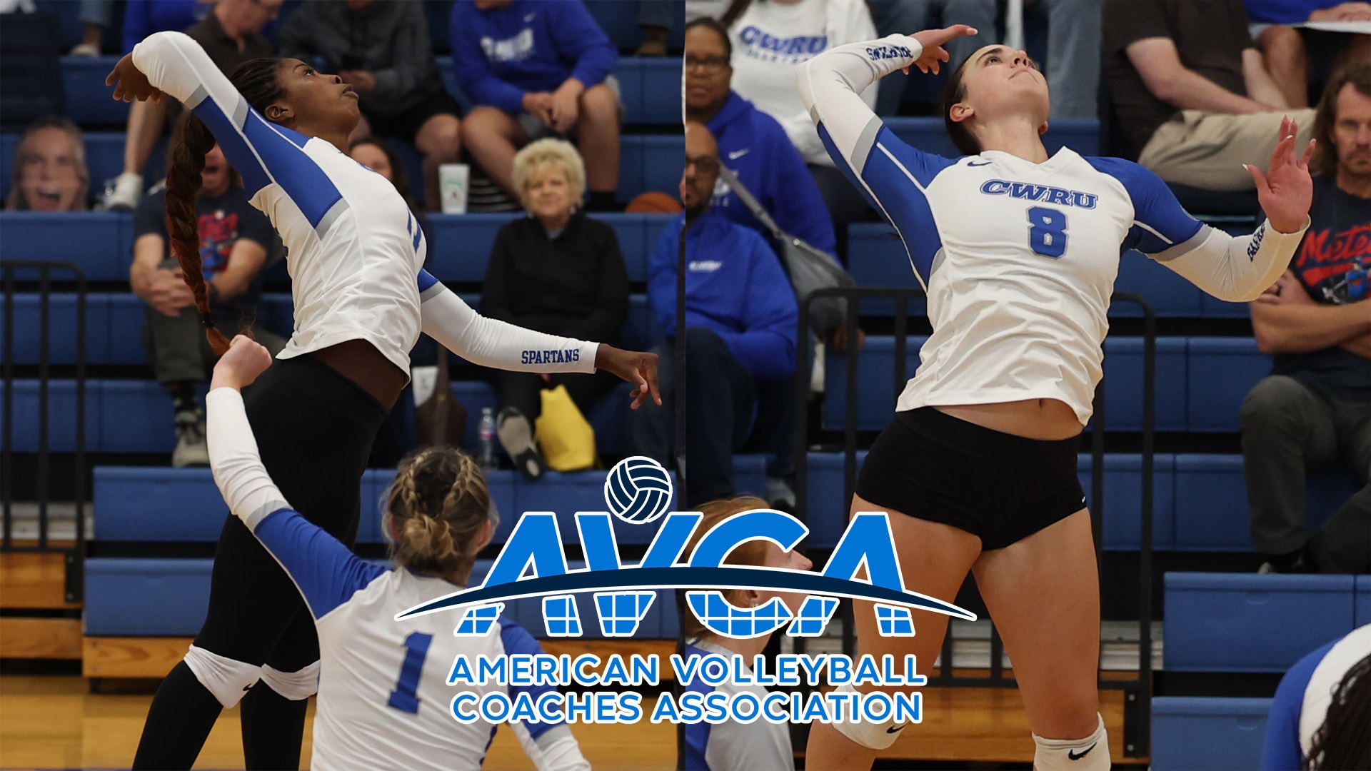 Amanda Ngo (left) Kalli Wall (right) AVCA logo (bottom middle)