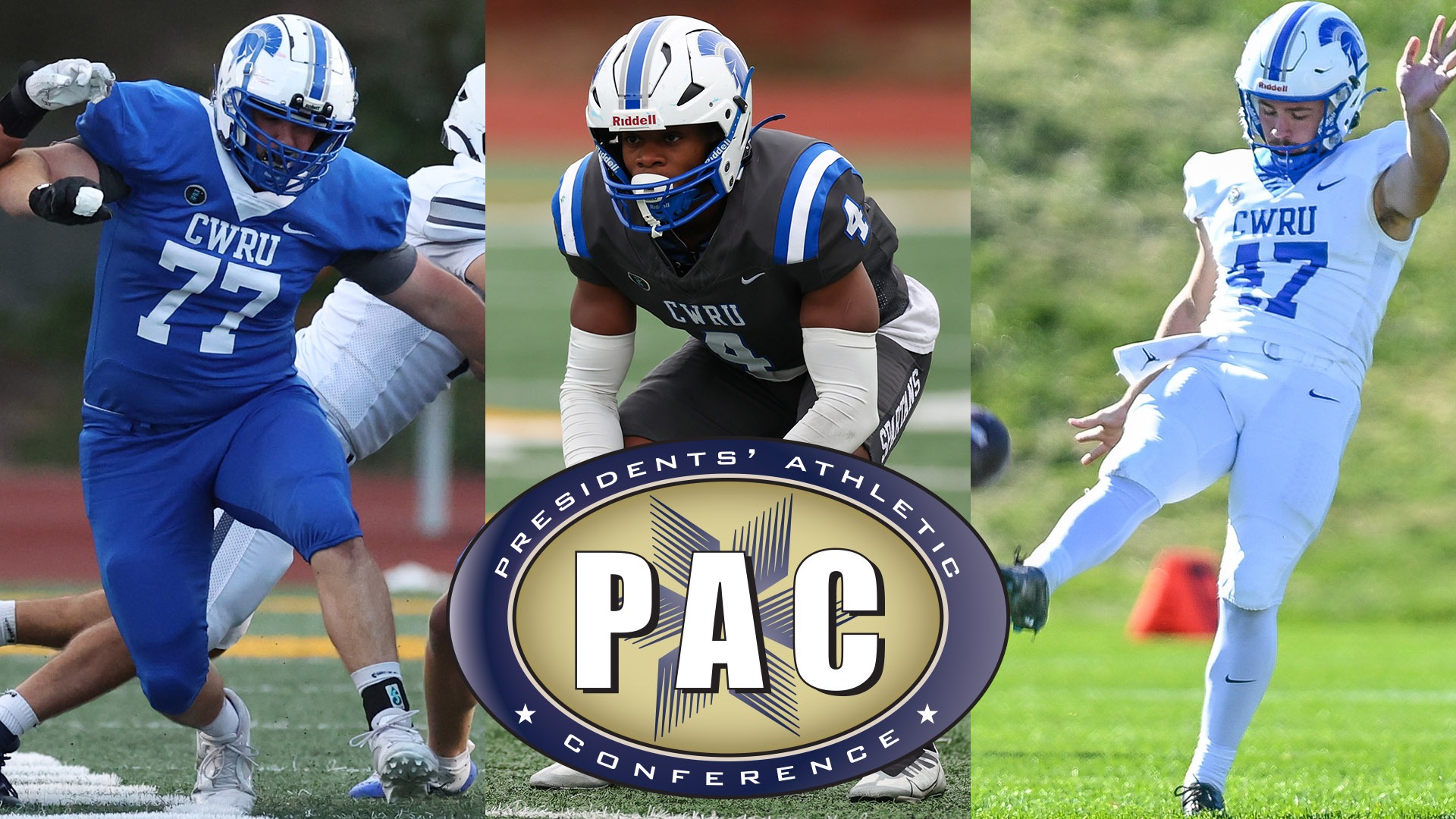 CWRU All-PAC First Team honorees Owen Myer, Osi Chukwuocha, and Nick Delfau