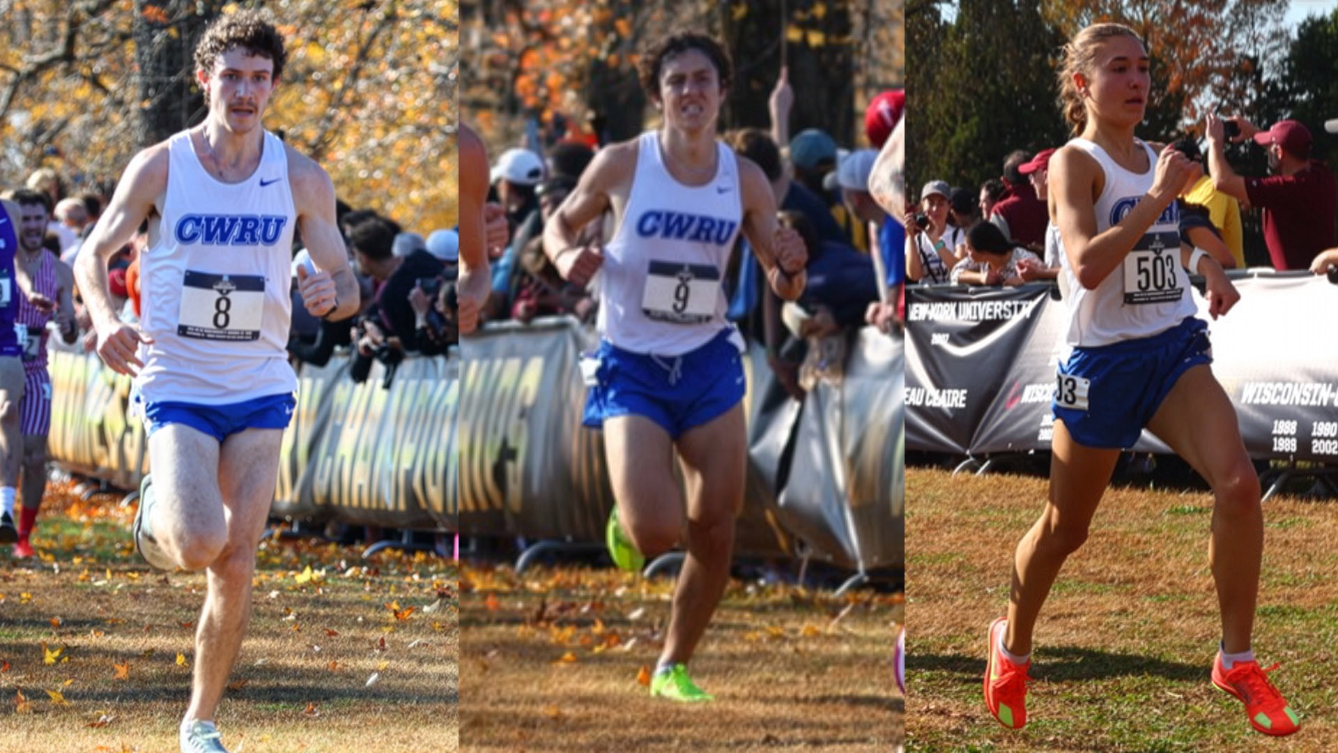 Photos of Donovan Crowley (left), Jacob Slater (middle), and Francesca Taracila (right) competing at the NCAA Championships