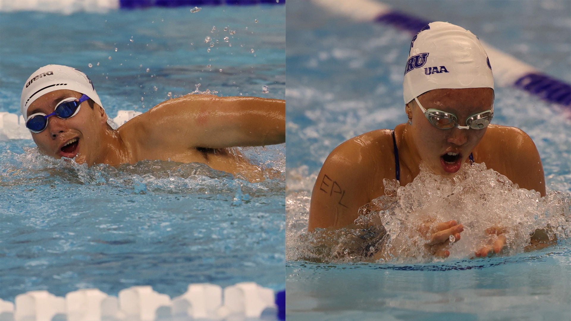 Two members of the CWRU Swim Dive team swimming against CMU