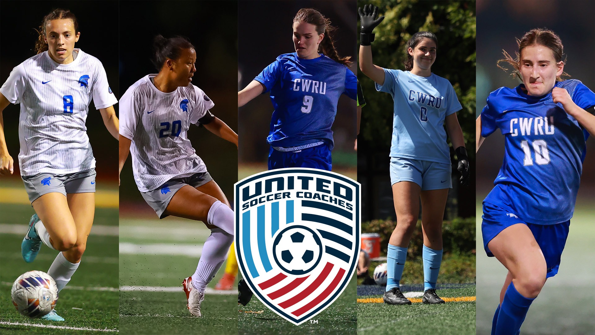 (L to R) Ceci Dapino, Jamie Goldfarb, Maggie Farra, United Soccer Coaches logo, Ellie Palaian, Alexis Sassower