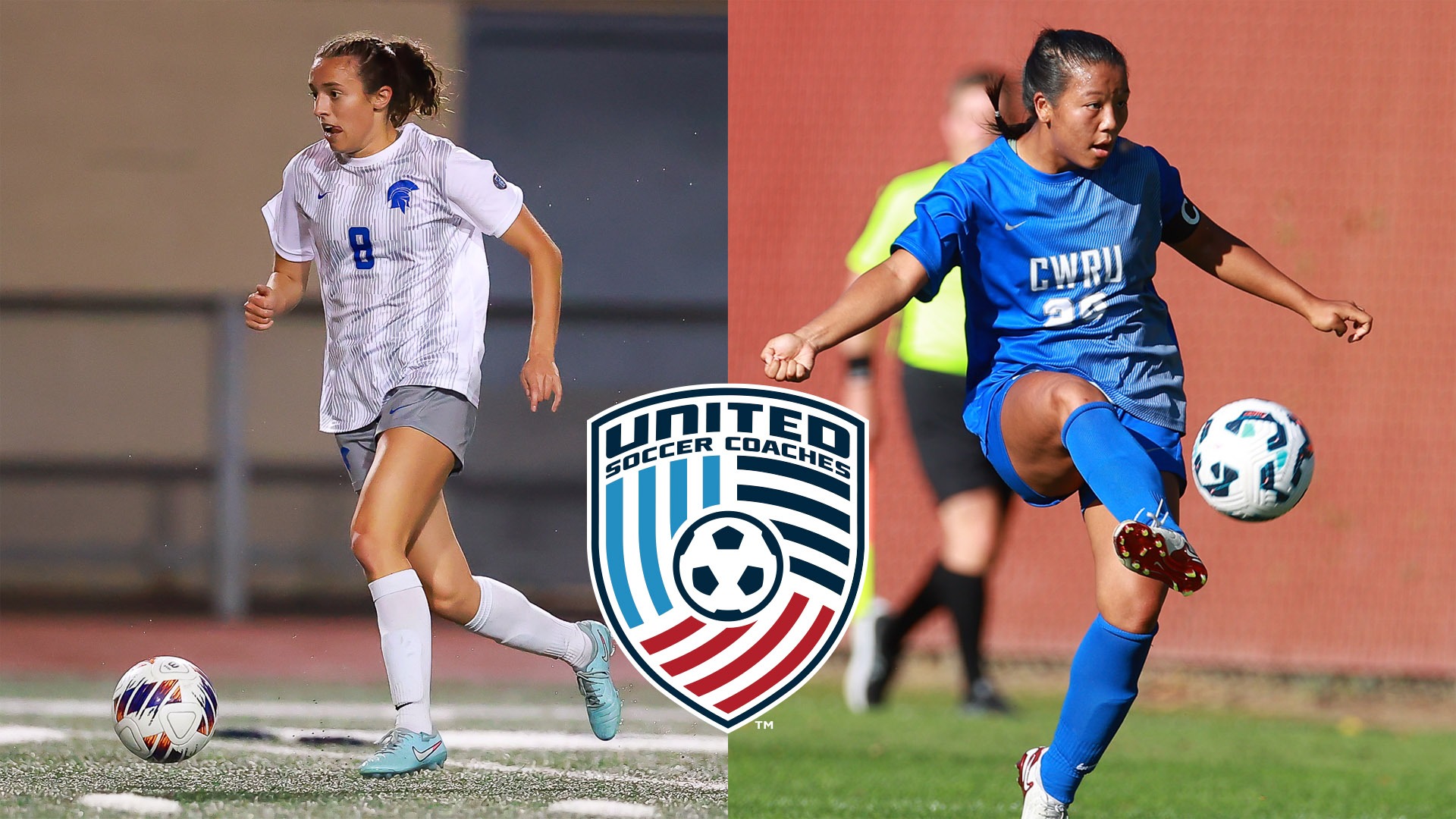Ceci Dapino (left) and Jamie Goldfarb (right) with the United Soccer Coaches logo (middle)