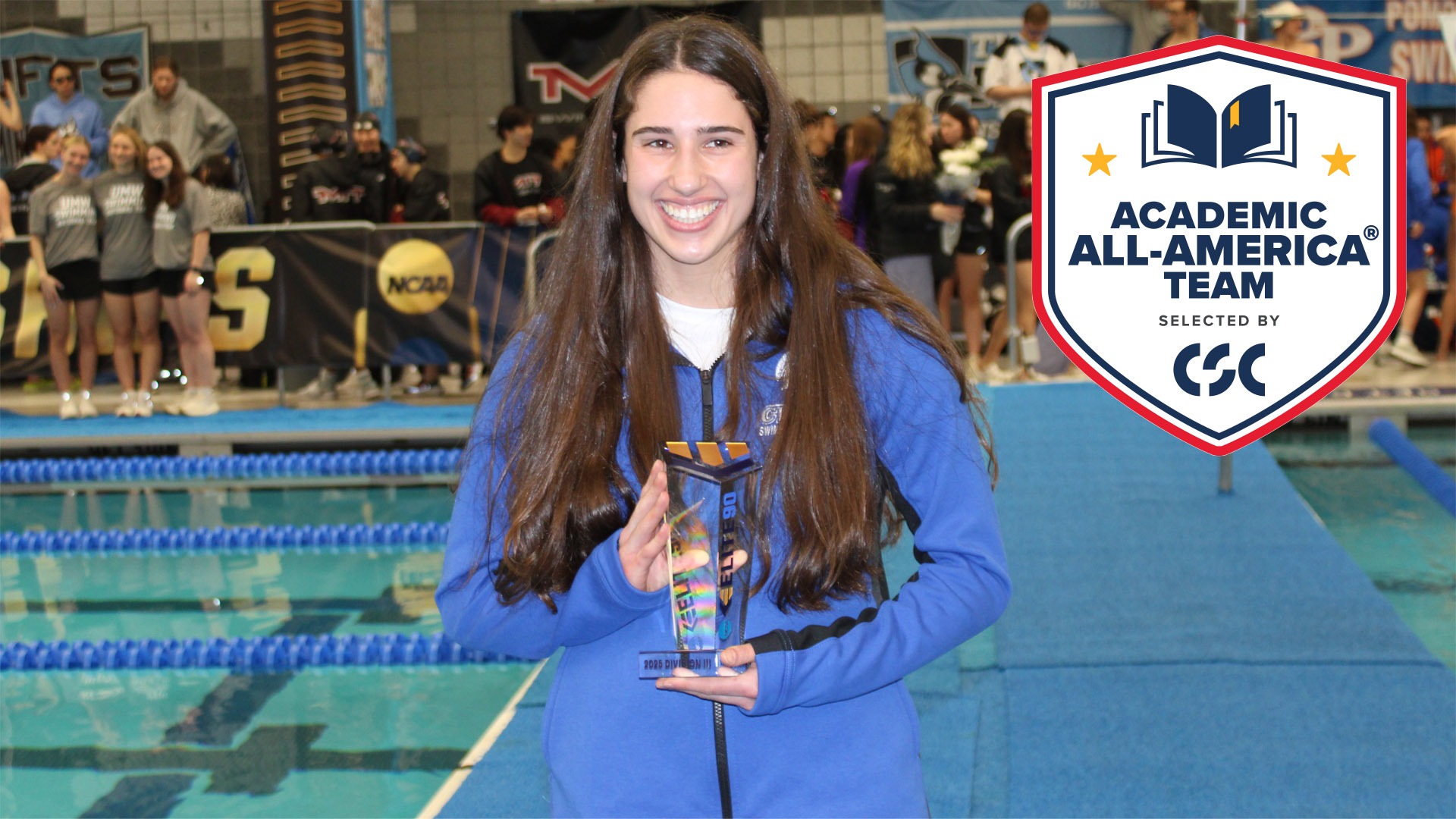 Abigail Wilkov holding the 2025 Elite 90 Award with the CSC Academic All-America logo to her left