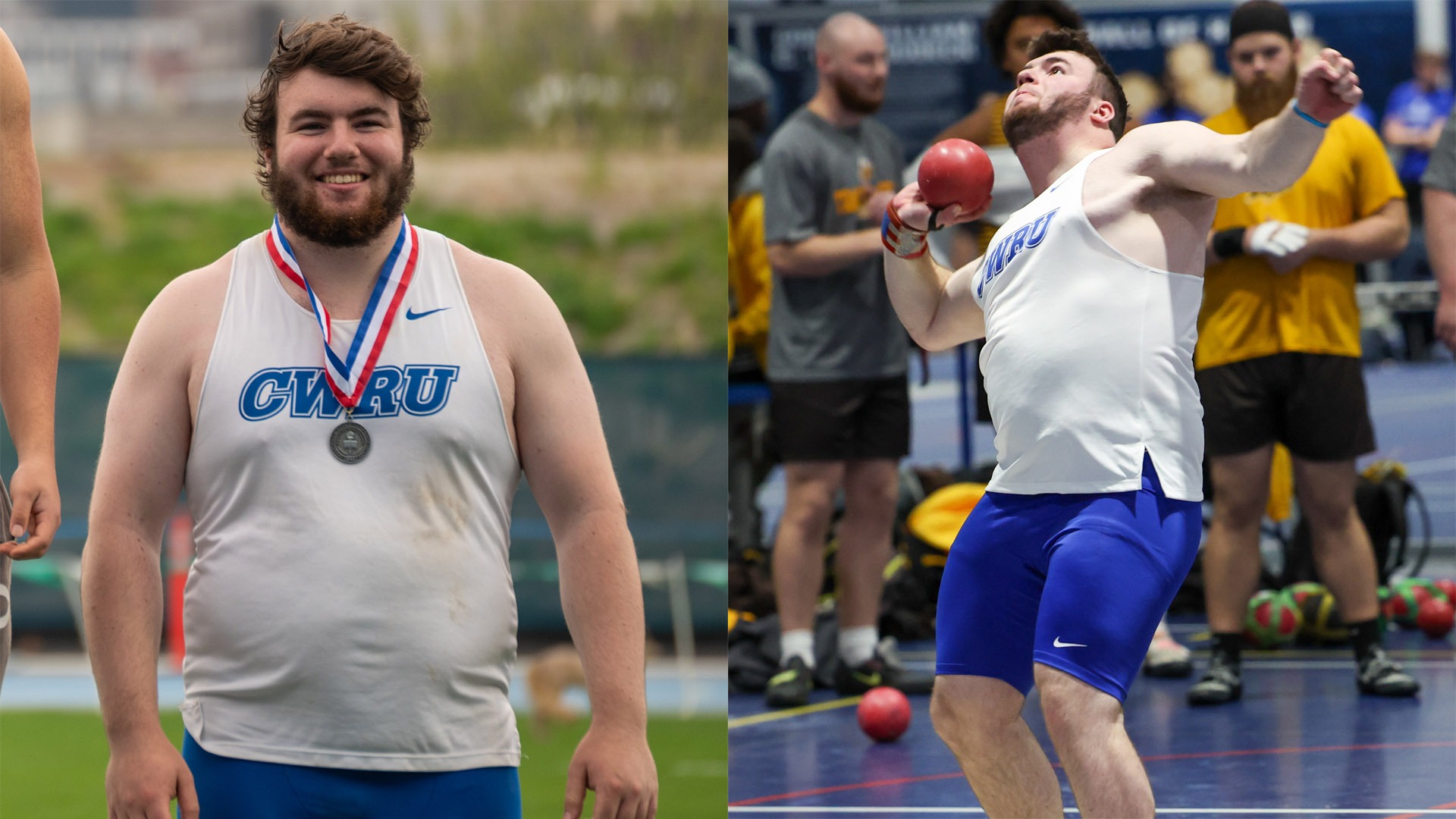 Toby Langsner (left) on the UAA podium; Toby Langsner (right) throwing the shot put indoors