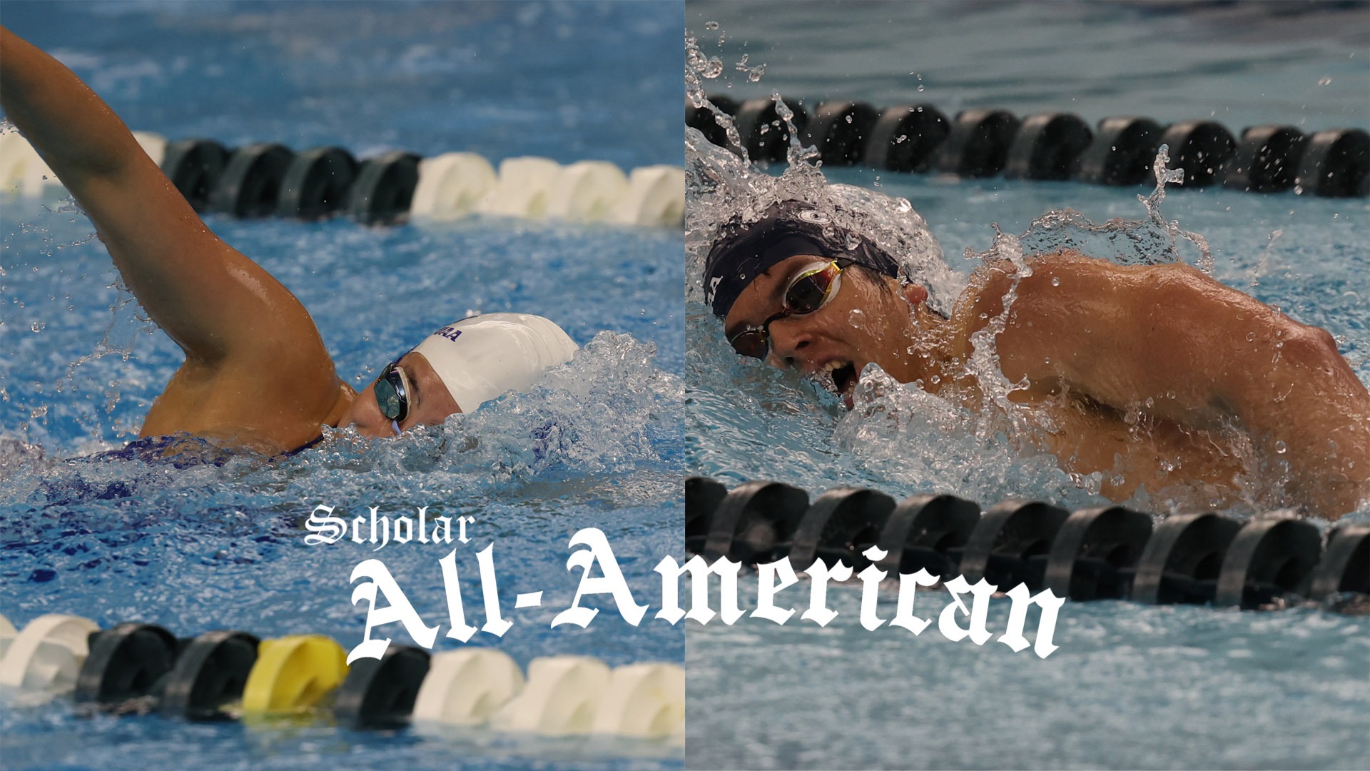 Angeli Paull (left), Mason Bencurik (right) swimming; CSCAA Scholar All-American logo bottom middle