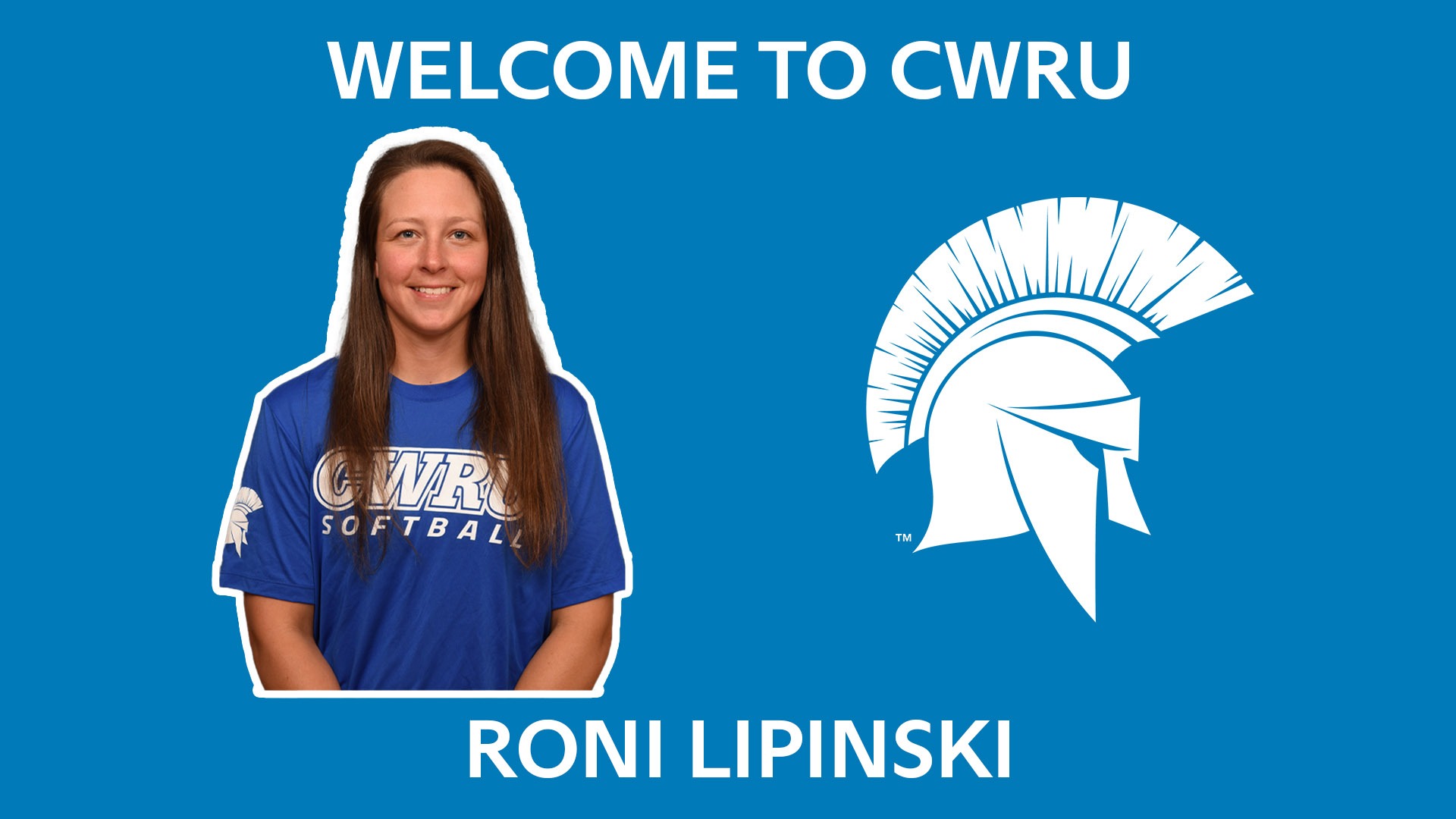 text: Welcome to CWRU (top) Roni Lipinski (bottom) photo: Roni Lipinski headshot (left) white Spartan head (right) 