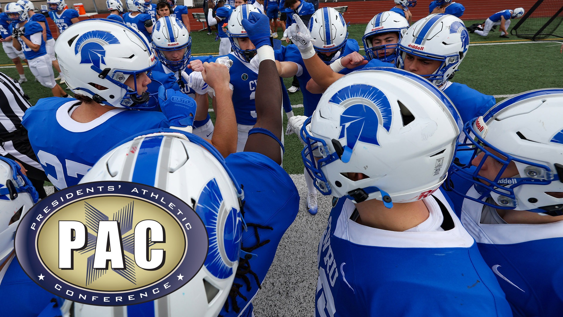 The CWRU football team in a huddle; A PAC logo