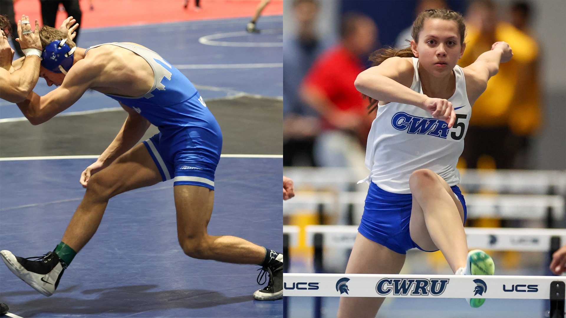 Hunter Keane (left) wrestling; Grace Misiunas (right) going over a hurdle