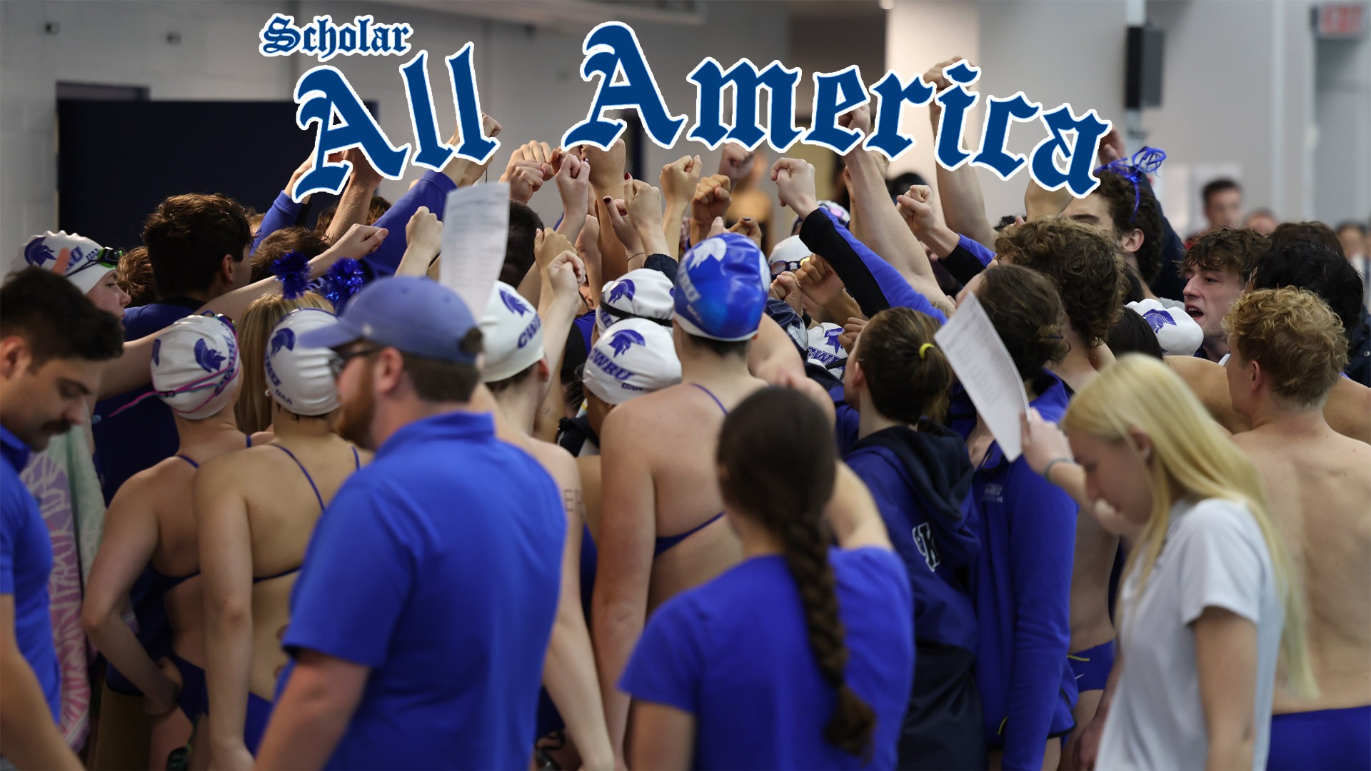 The CWRU swimming and diving teams in a huddle with their arms raised and the CSCAA Scholar All-America logo at the top