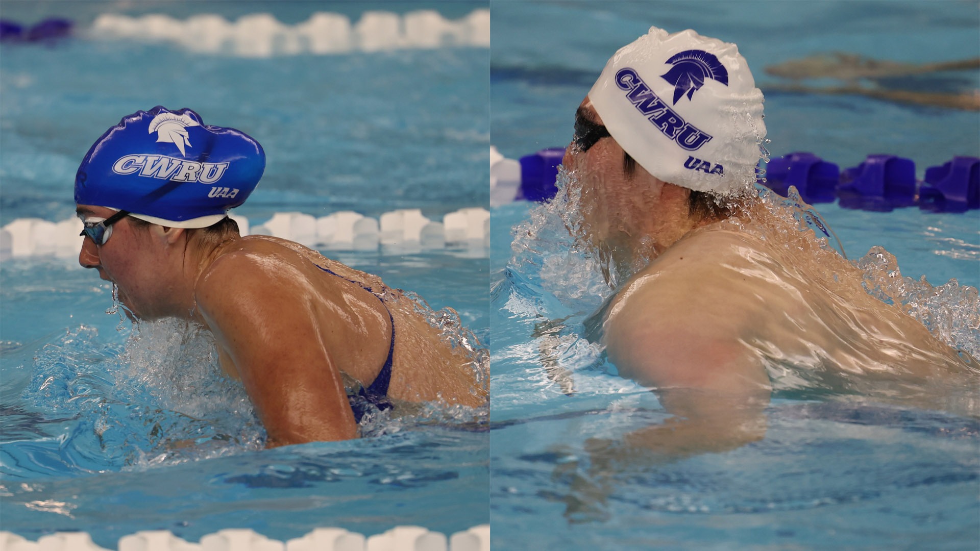 Two Spartan swimmers in the middle of the breaststroke