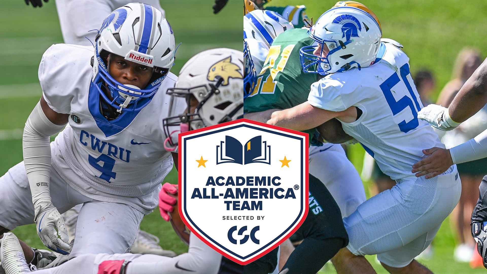 Osi Chukwuocha (left) and Joseph Swarm (right) with a CSC Academic All-America logo in the middle