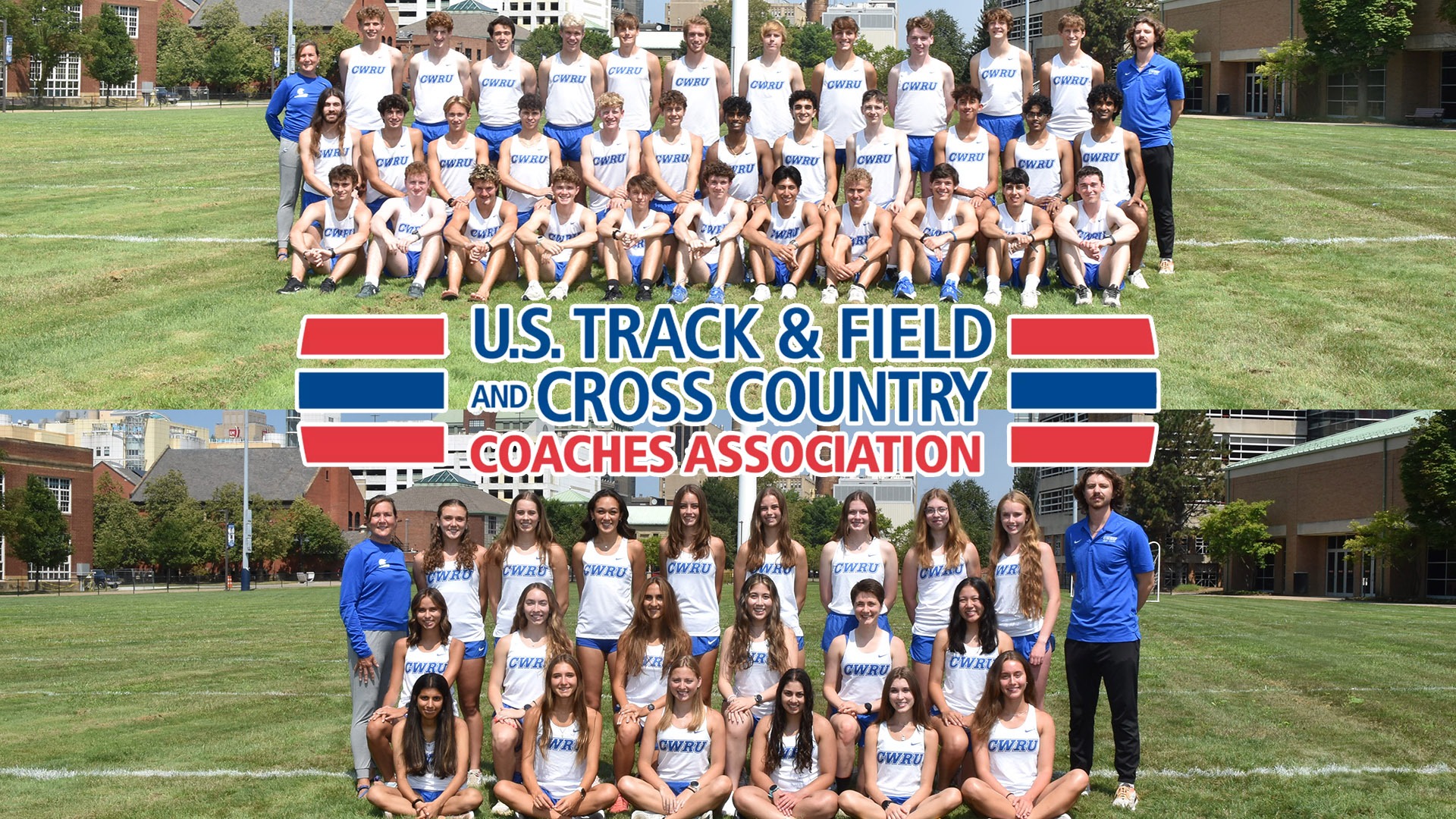 2025 men's (top) and women's (bottom) cross country team photos; USTFCCCA logo in center