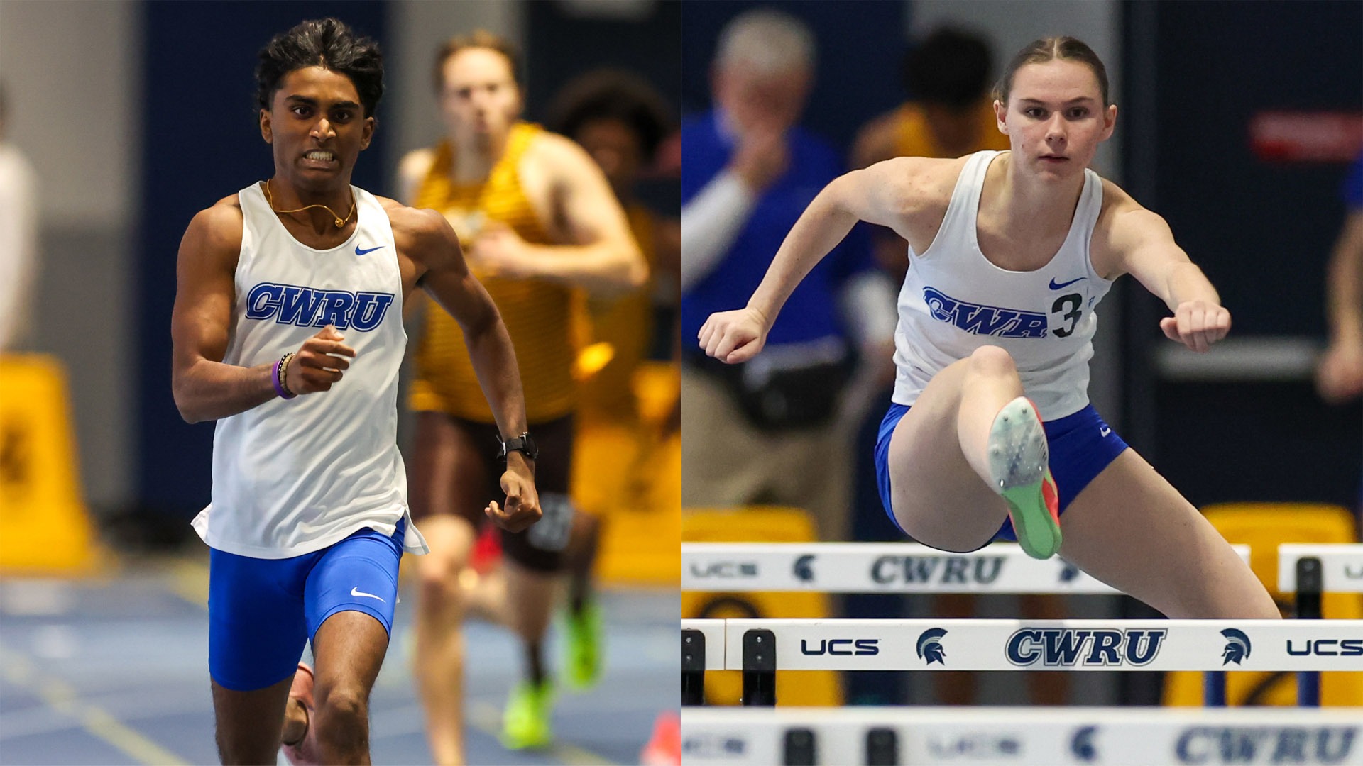 Praveen Sureshkumar (left) sprinting and Elizabeth Crossan (right) going over a hurdle