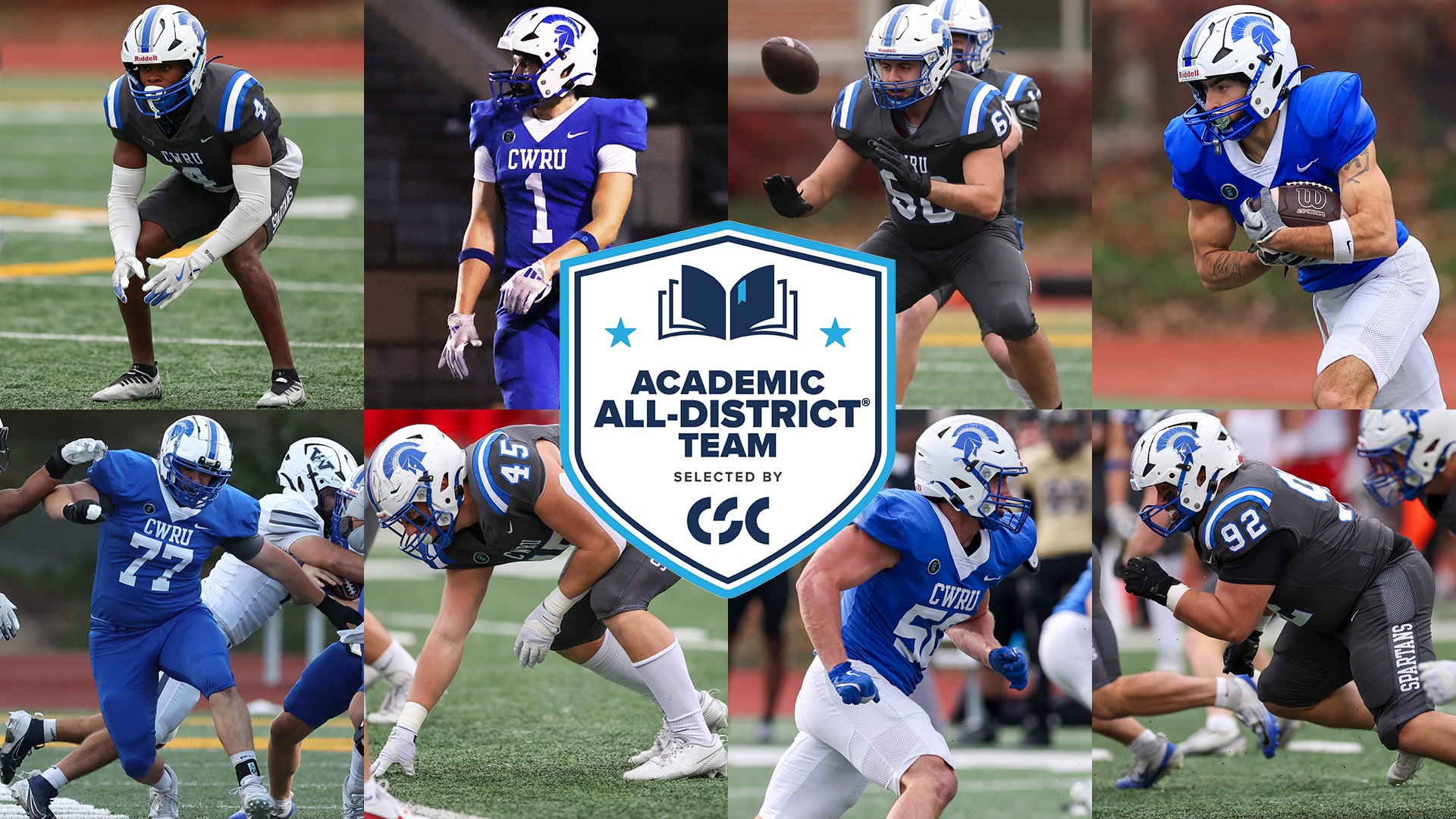 Action photos of CWRU's CSC Academic All-District honorees; CSC Academic All-District Logo in center