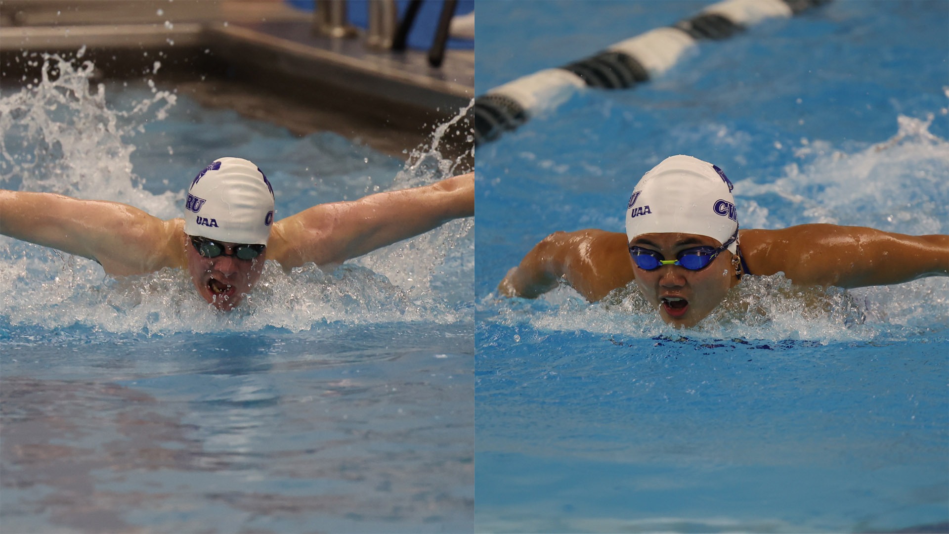 Edward Steward (left) and Sayjel Tan (right) swimming the butterfly