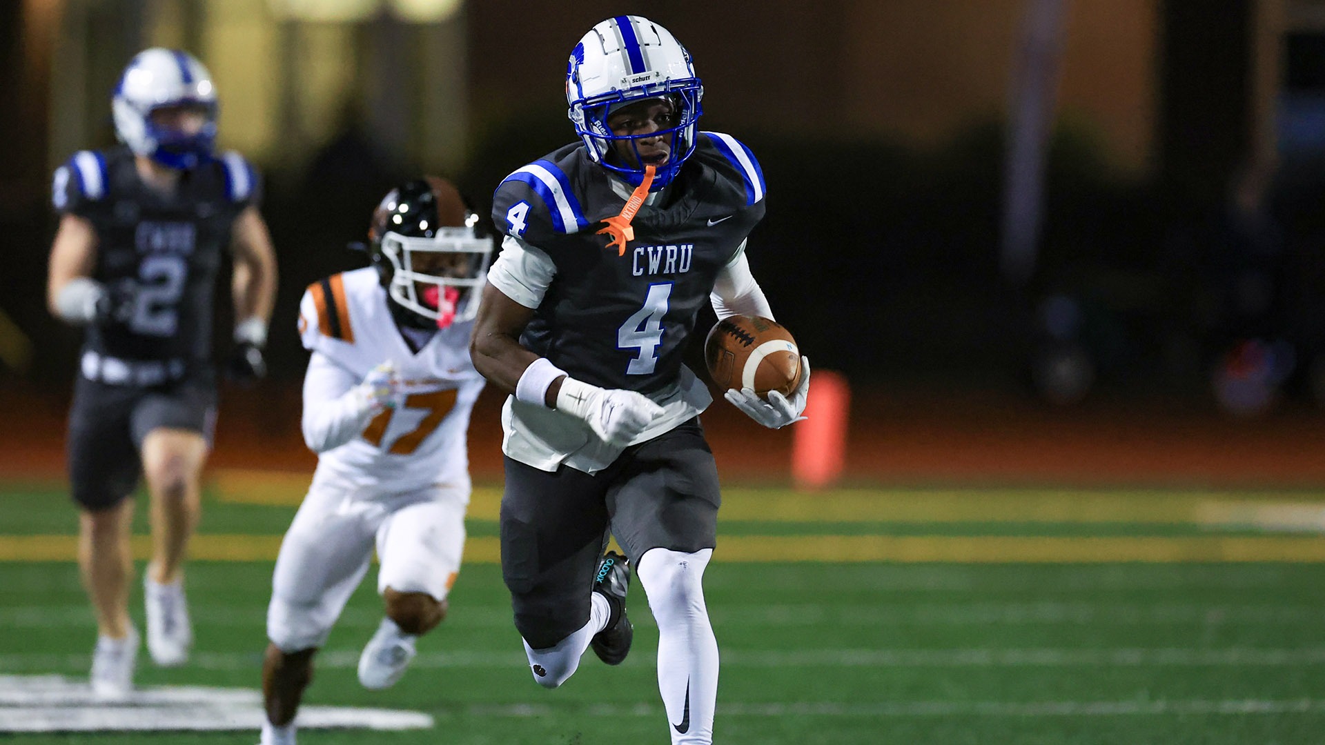 Yaw Gyamfi returns an interception for a touchdown against Waynesburg