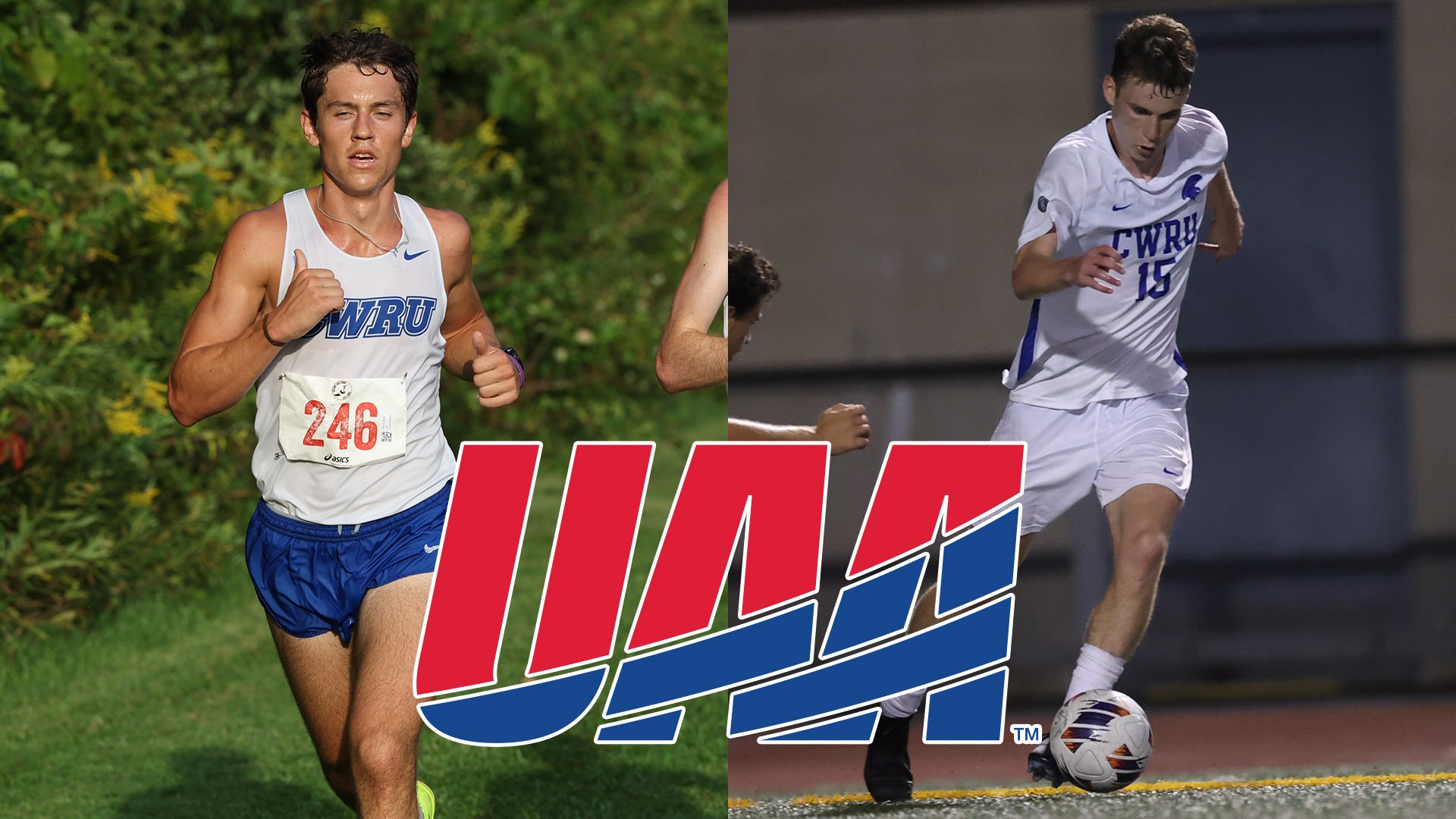 Jacob Slater (left) and Mitchell Fein (right) with a UAA logo in the center