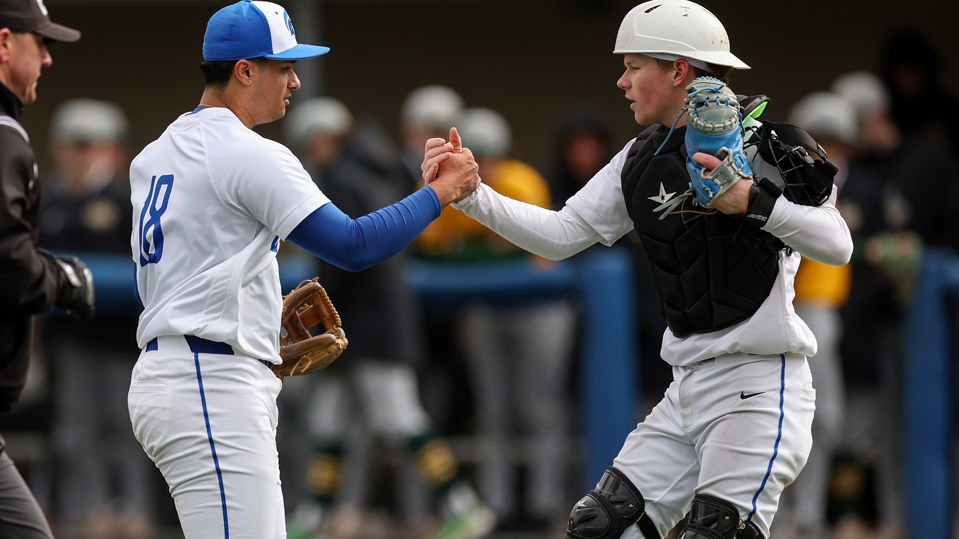 Ayush Shetty and Collin Pool celebrate the team's win over Oswego state