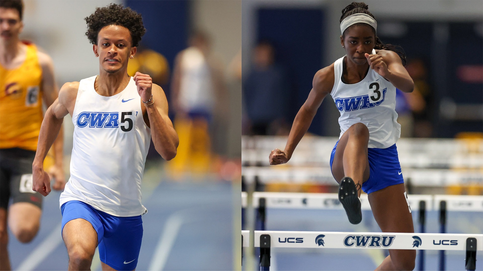 Matthew Bezuneh (left) sprinting and Esther Umezurike-Chukwu hurdling (right)