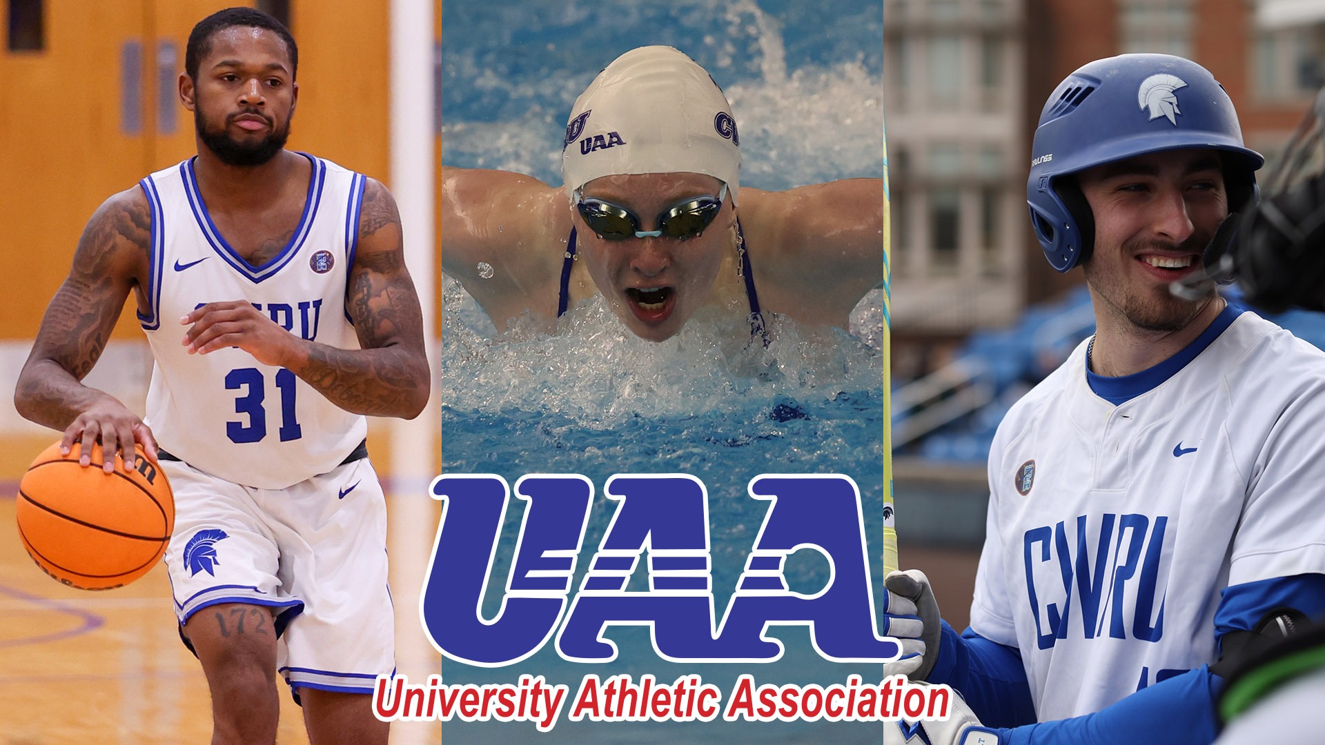 Action photos of Ethan Edwards (left), Claire Kozma (center), and Tyler Stillson (right)