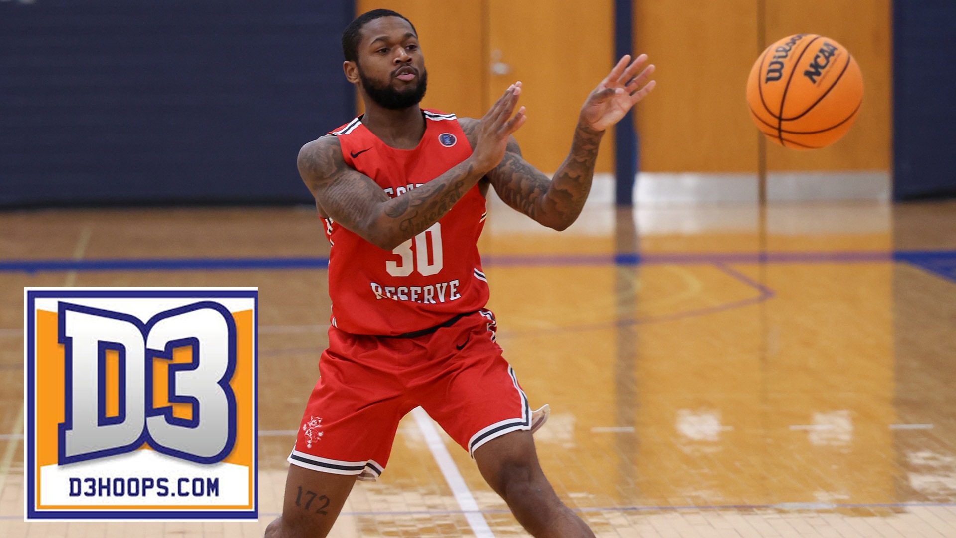 Ethan Edwards catching a pass; D3hoops.com Logo