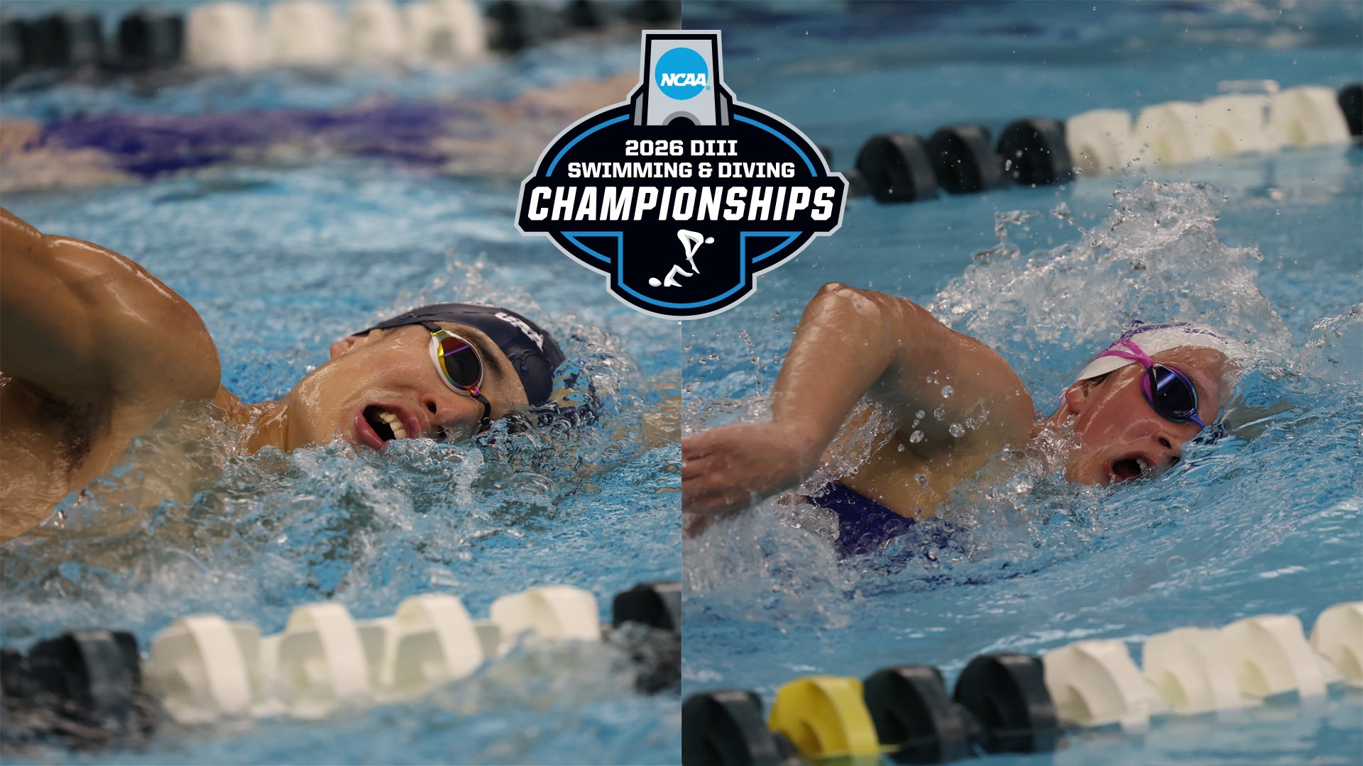 Two Spartan swimmers with the 2026 NCAA Swimming Championships logo top center