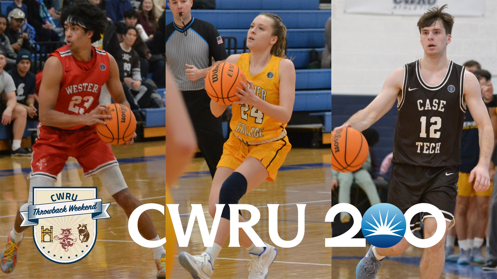 Anand Dharmarajan (left) in Red Cat Red, Jordyn Call (middle) in Mather Gold, Matthew Ellis (right) in Rough Rider Brown, CWRU throwback weekend logo (bottom left) CWRU 200 logo across the bottom