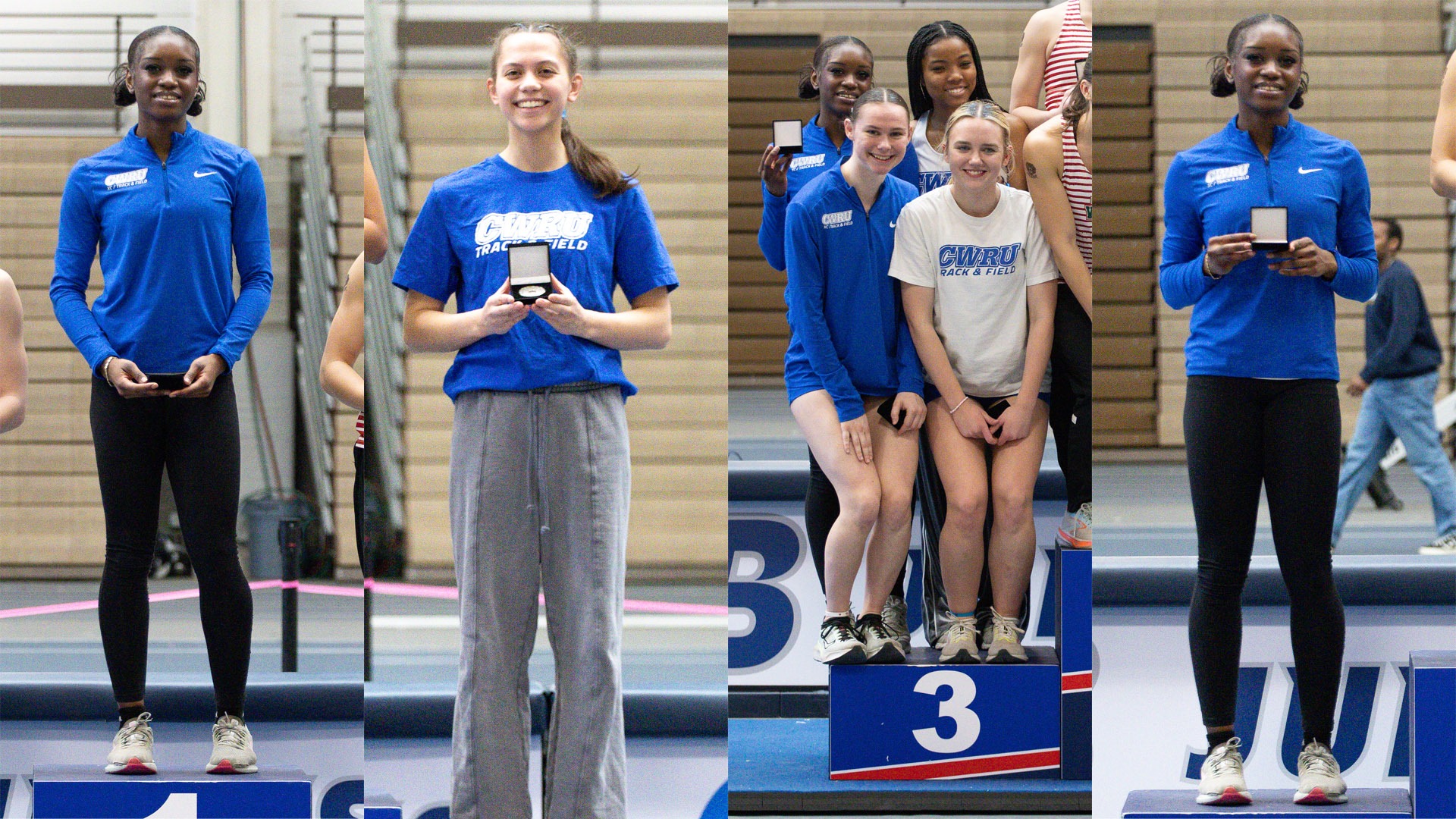 (L to R) Gianna Phipps, Grace Misiunas, the women's 4x400-meter relay, and Gianna Phipps on the podium at the 2026 UAA Indoor Championships  
