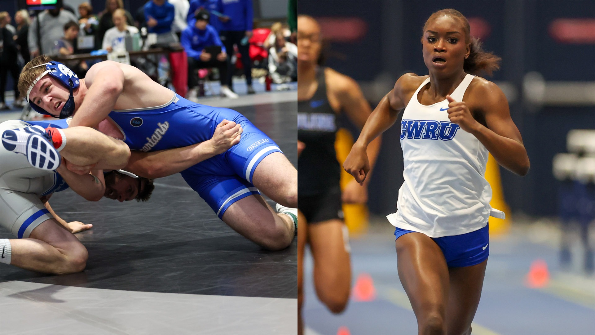 Mathew Gummere (left) wrestling and Gianna Phipps (right) sprinting