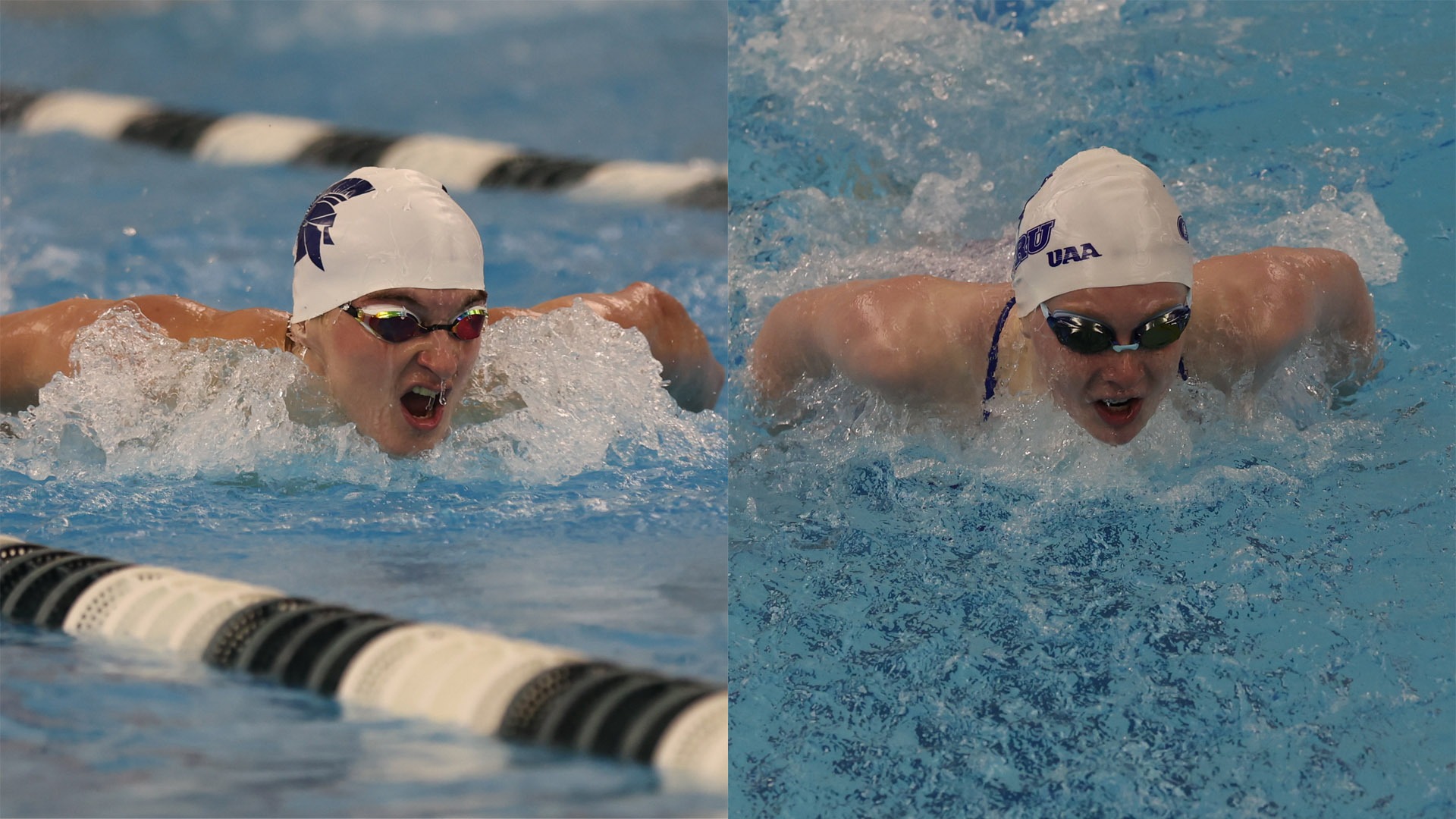 John Drumm (left) and Claire Kozma (right) swimming the butterfly