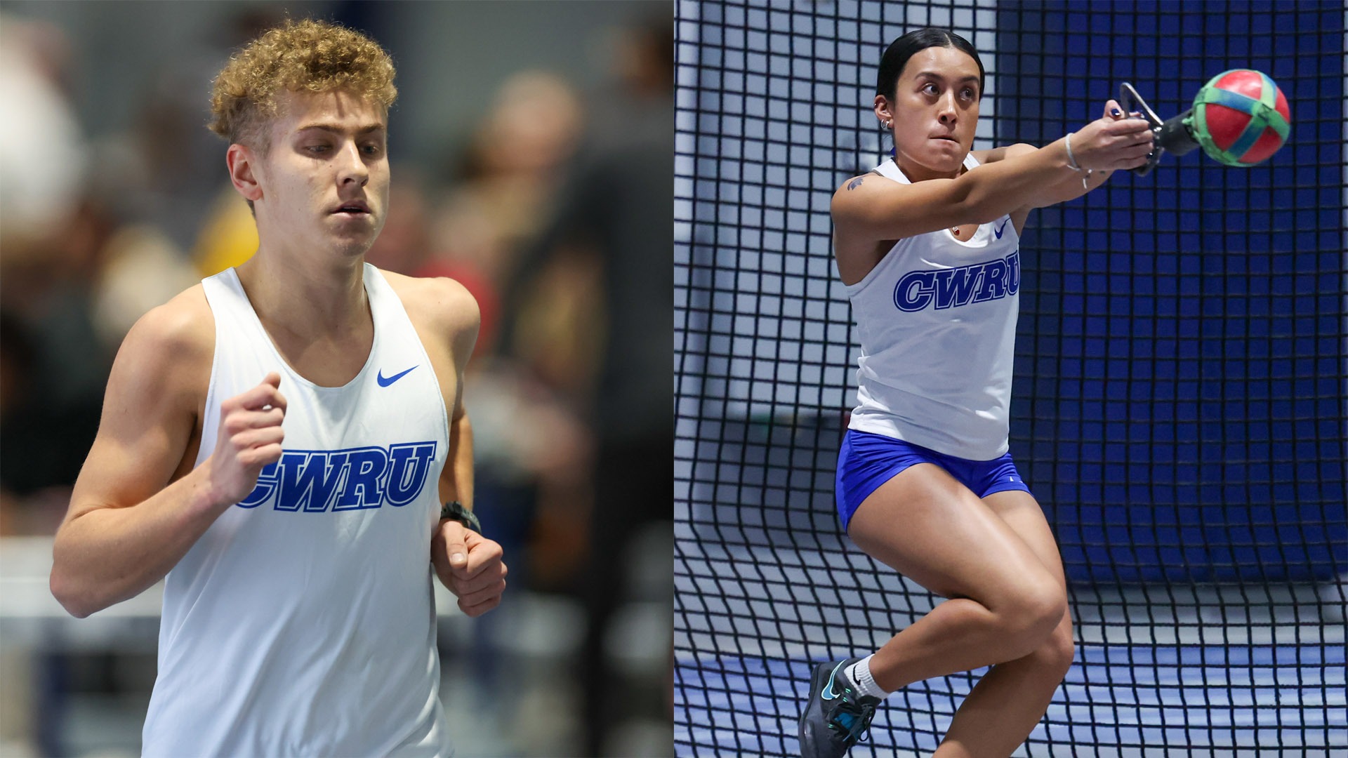 Owen Schessler running (left) and Sarah Vivieros (right) tossing the hammer