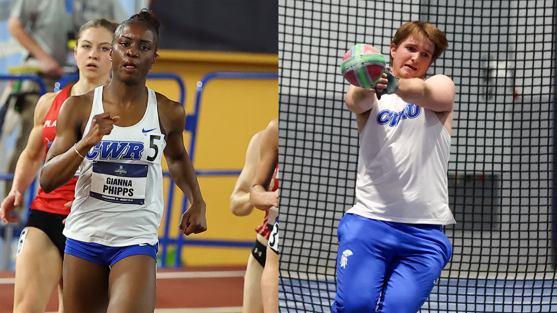 Gianna Phipps (left) running and Asher Heflin (right) throwing the weight