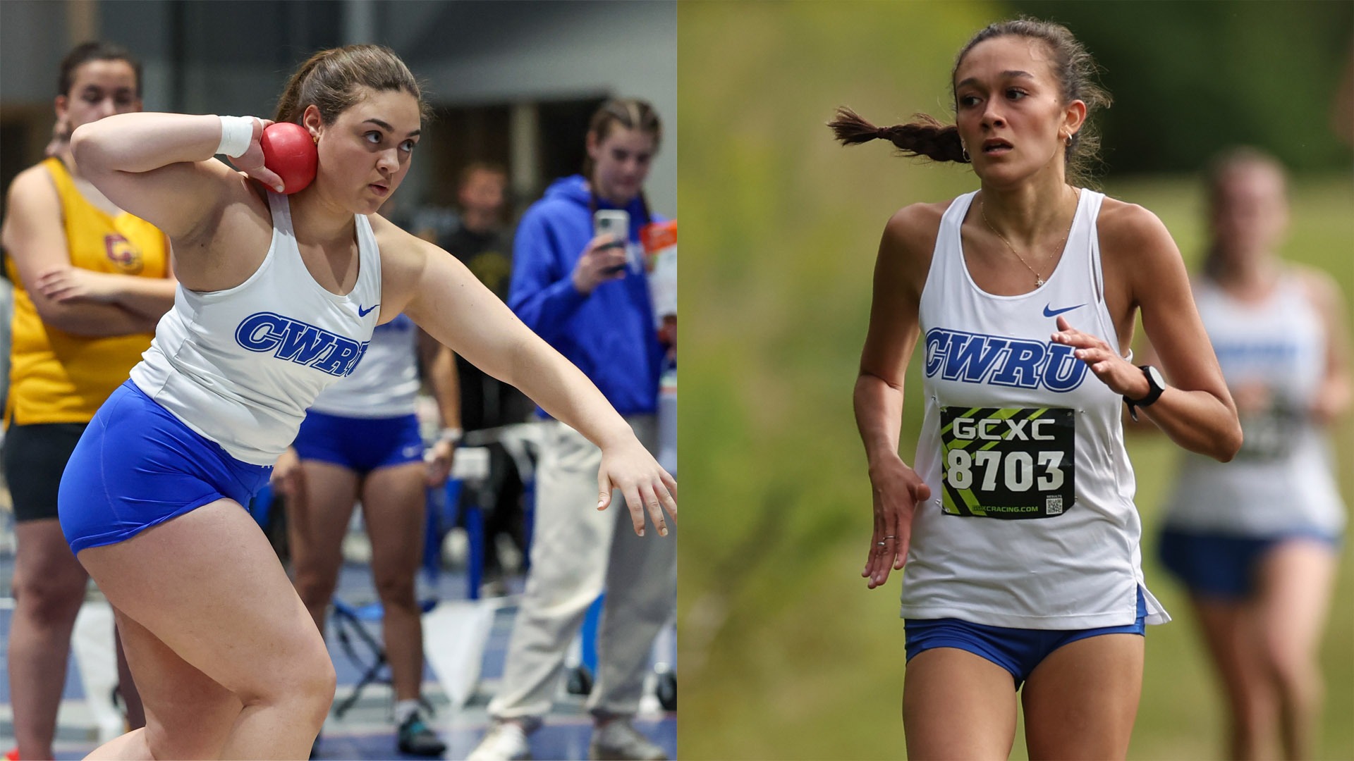 Michelle Lee (left) tossing the shot put; Arianna Holbrook (right) running outside
