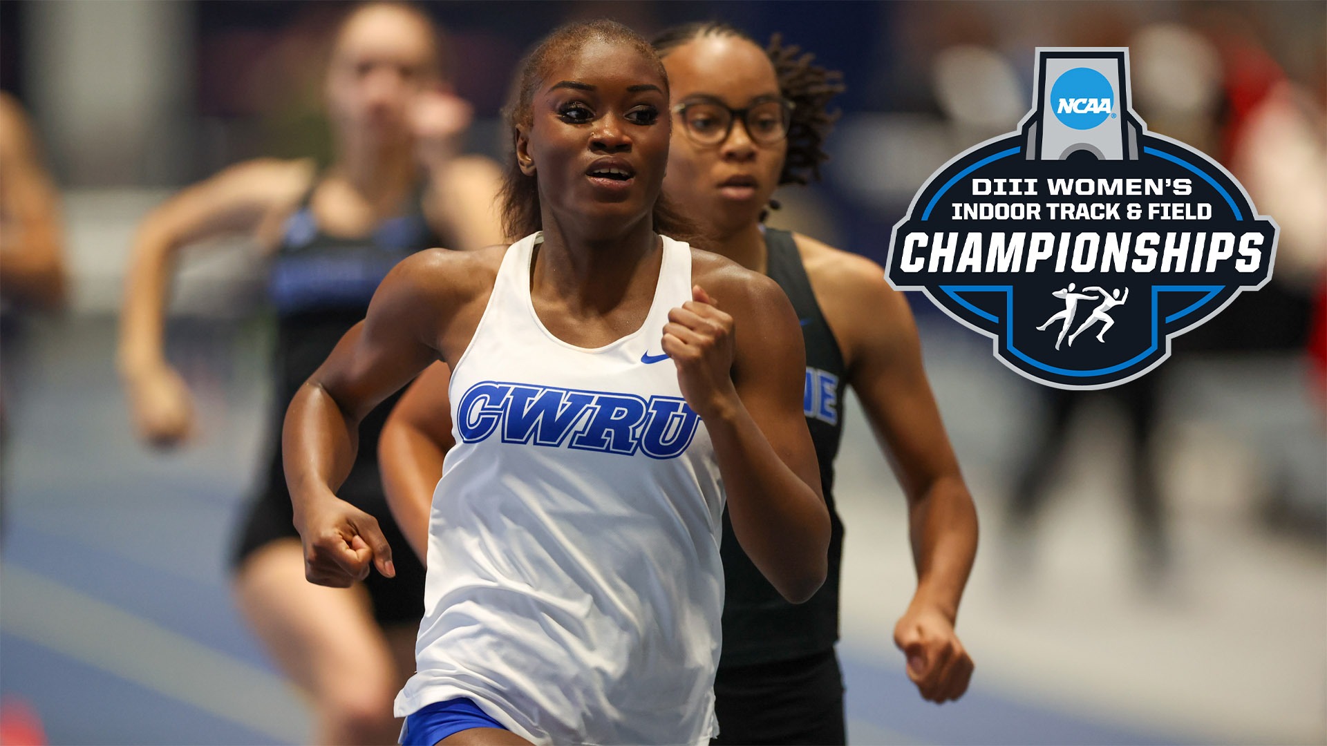 Gianna Phipps sprinting with the 2026 NCAA D3 Women's Track and Field Indoor Championships logo in the top right corner