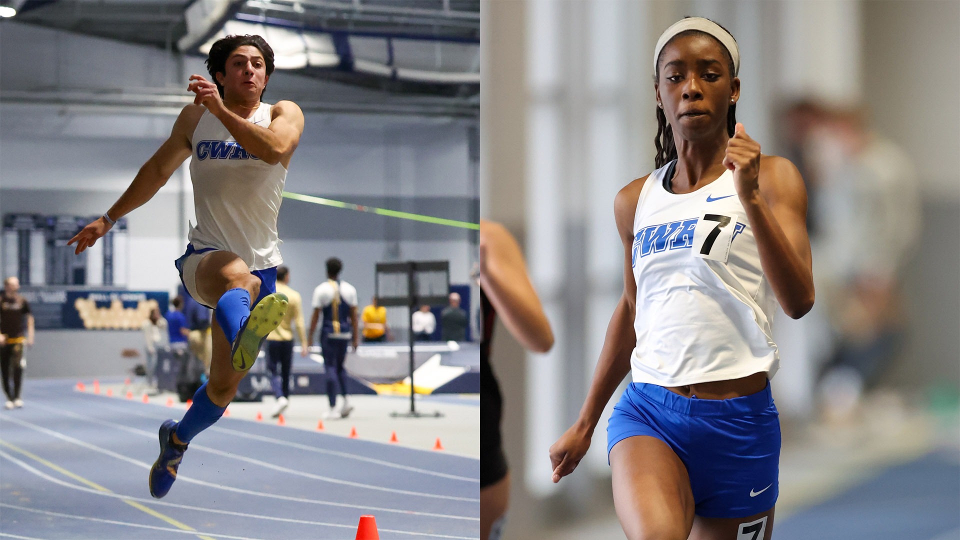 Artin Fazeli (left) jumping and Esther Umezurike-Chuwku (right) sprinting