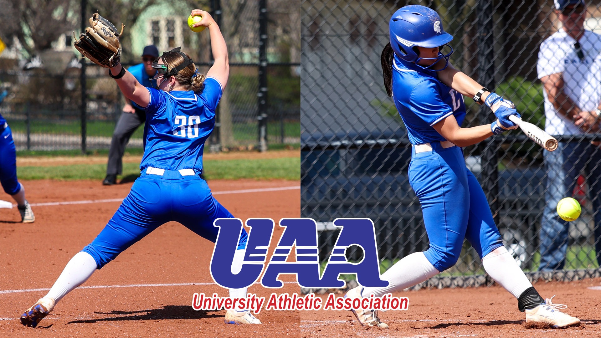 Josephine Alspaw (left) pitching; UAA logo (bottom center); Natalie Ching (right) batting