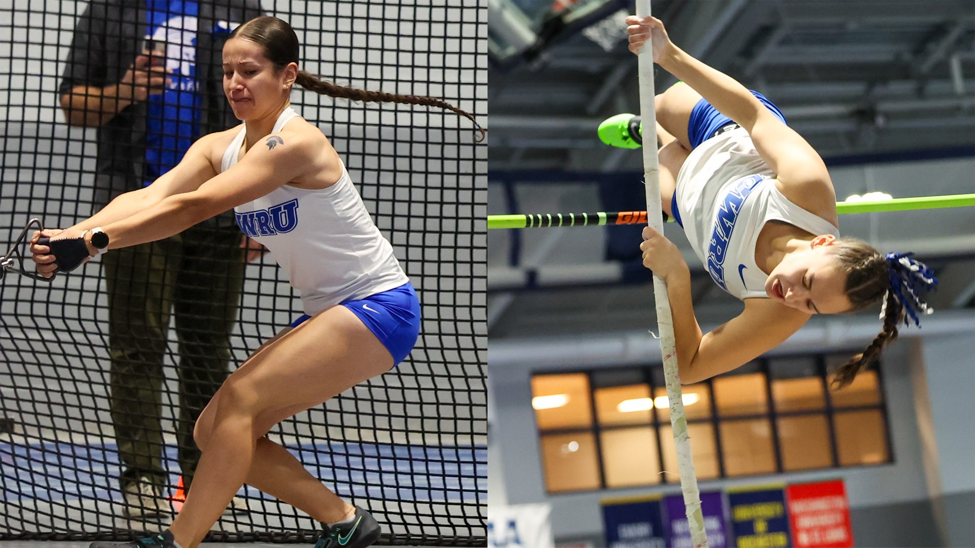 Madison Martinez (left) throwing the weight; Anna Callo (right) clearing the bar
