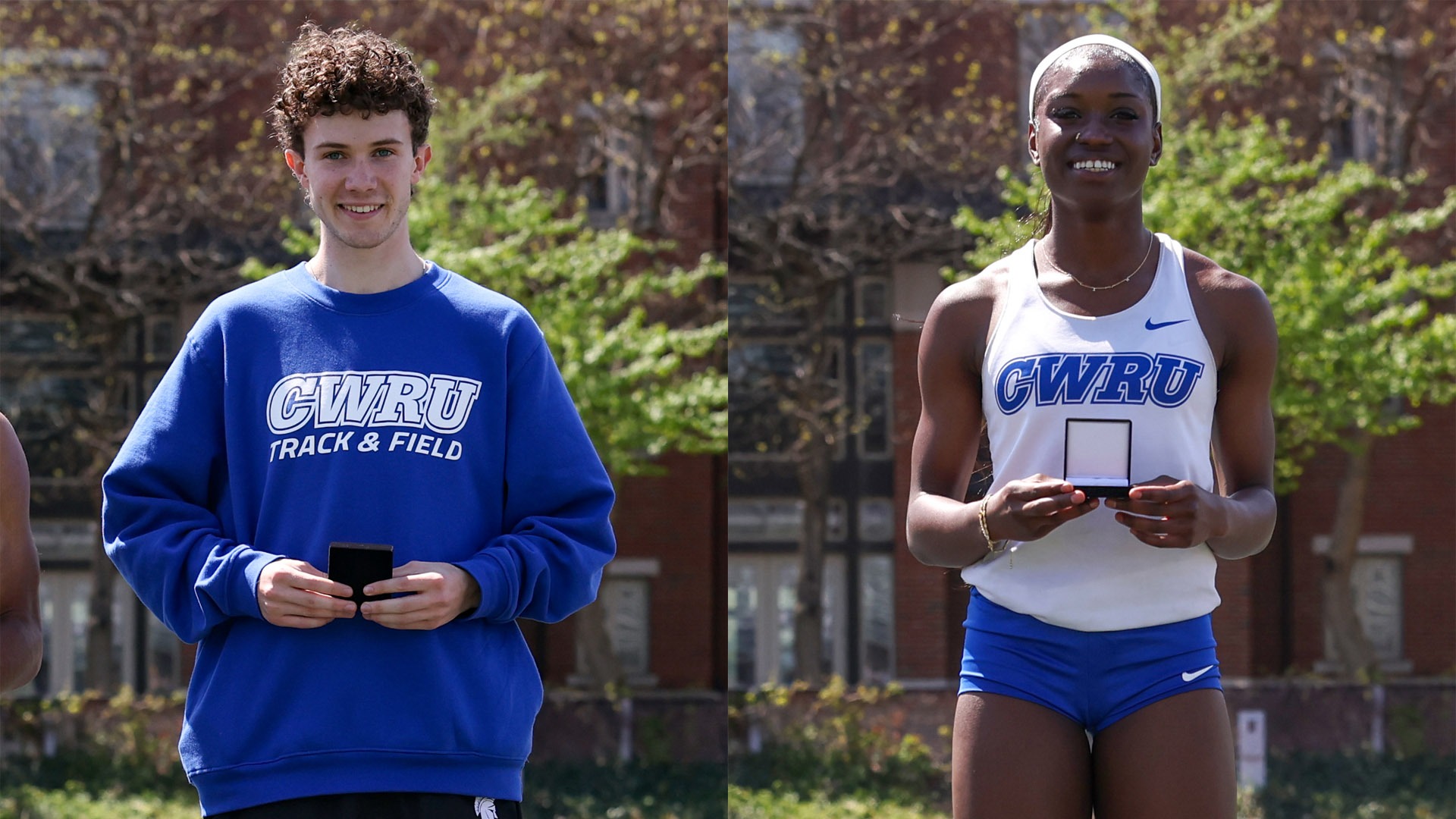 Donovan Crowley (left) and Gianna Phipps (right) atop the UAA Outdoor podiums