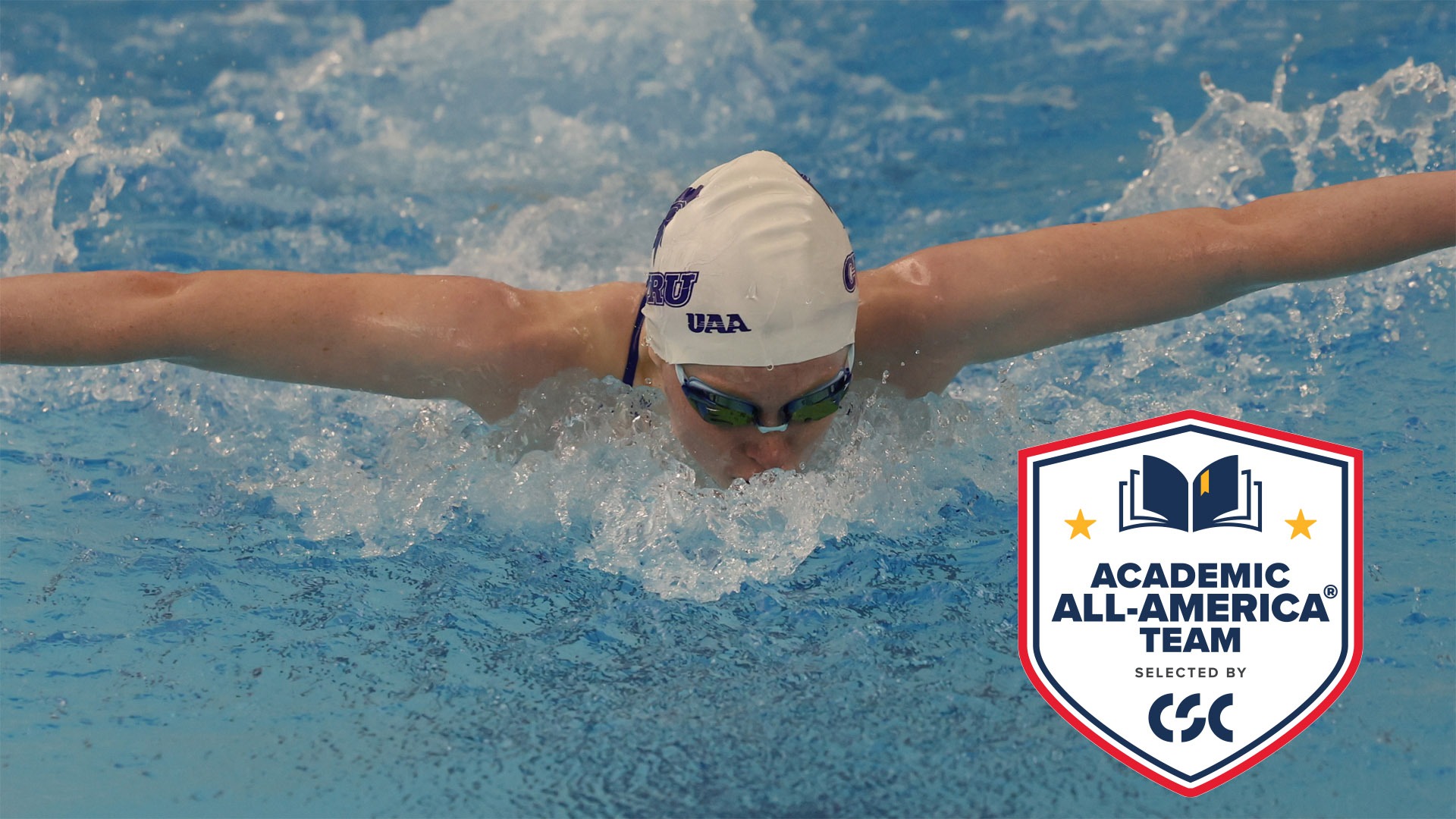 Claire Kozma with the CSC Academic All-America logo in bottom right corner