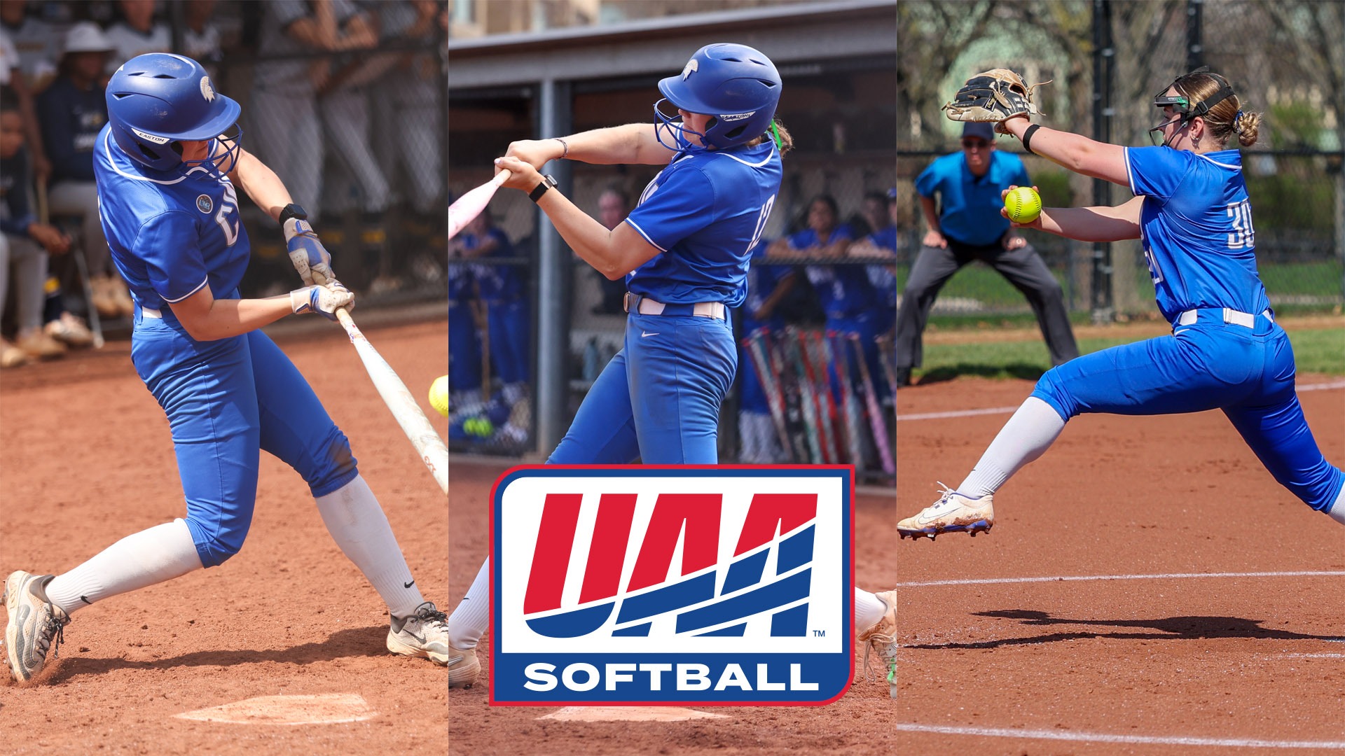 (L to R) Elizabeth Berry, Karen Potts, Josephine Alspaw playing softball with the UAA Softball logo center bottom