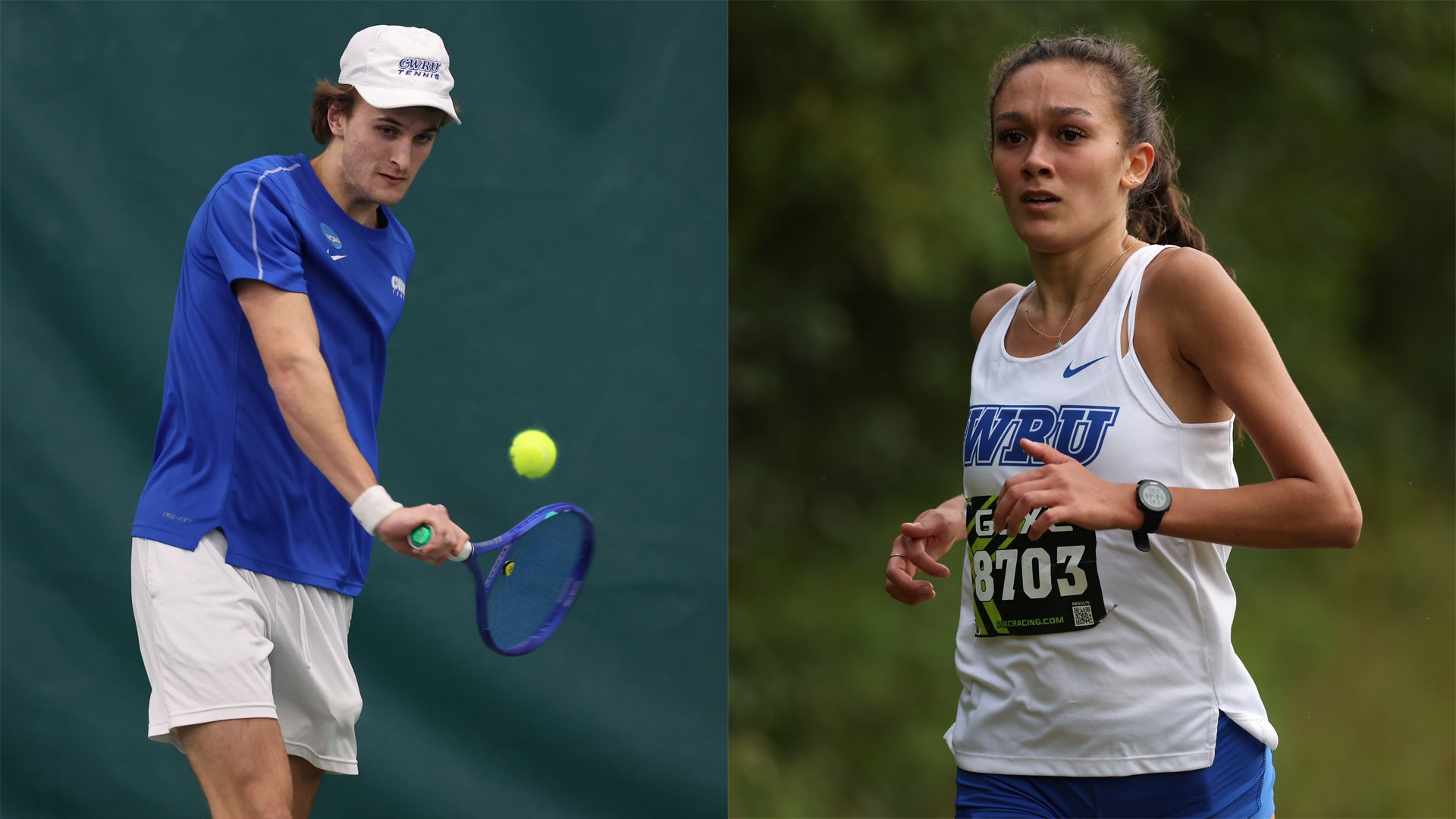 Matthew Plunkett (left) hitting a backhand, Arianna Holbrook (right) running