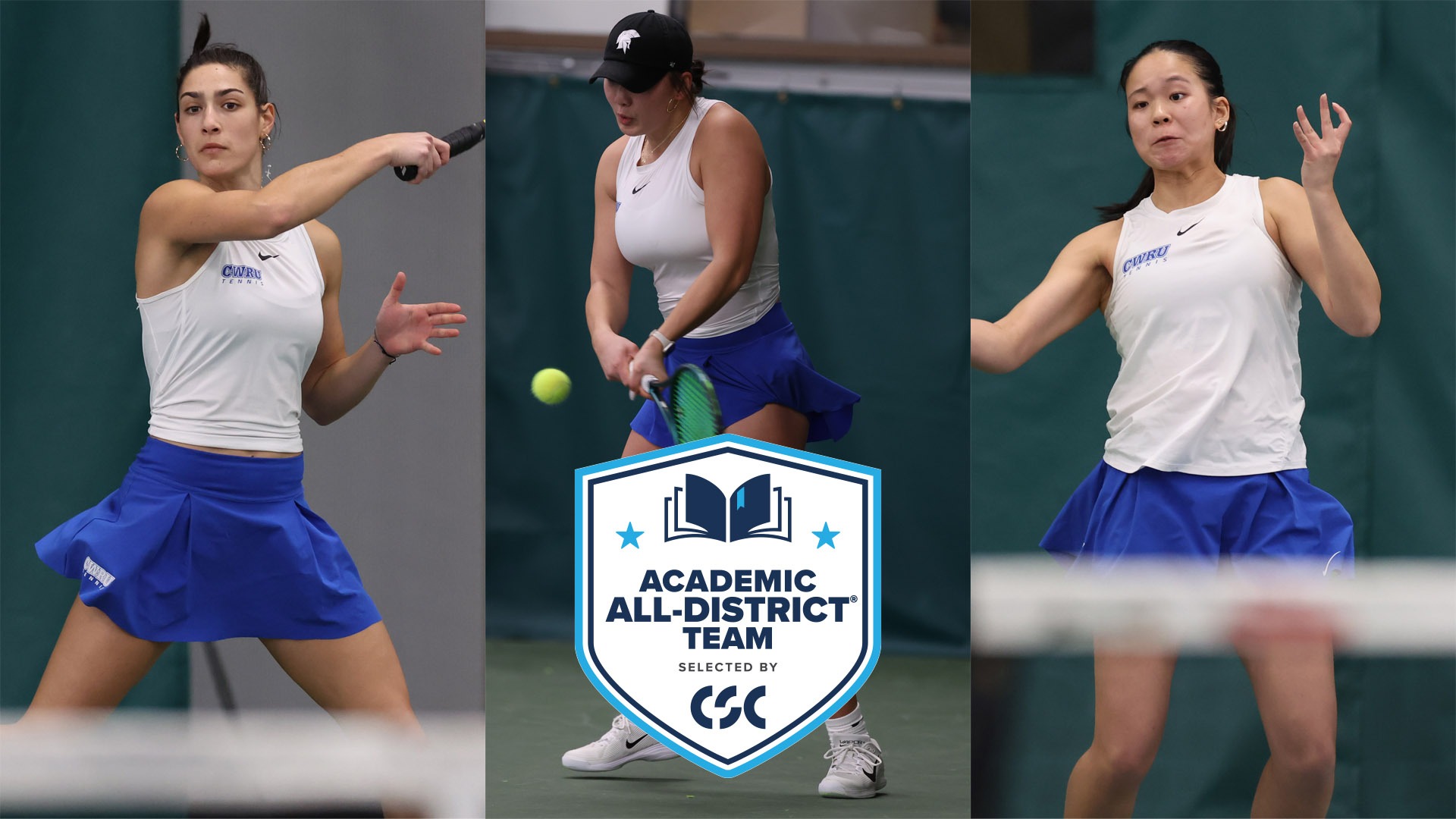 (L to R) Ellior Rose, Katalina Wang, Katie Wong with the CSC Academic All-District logo lower center