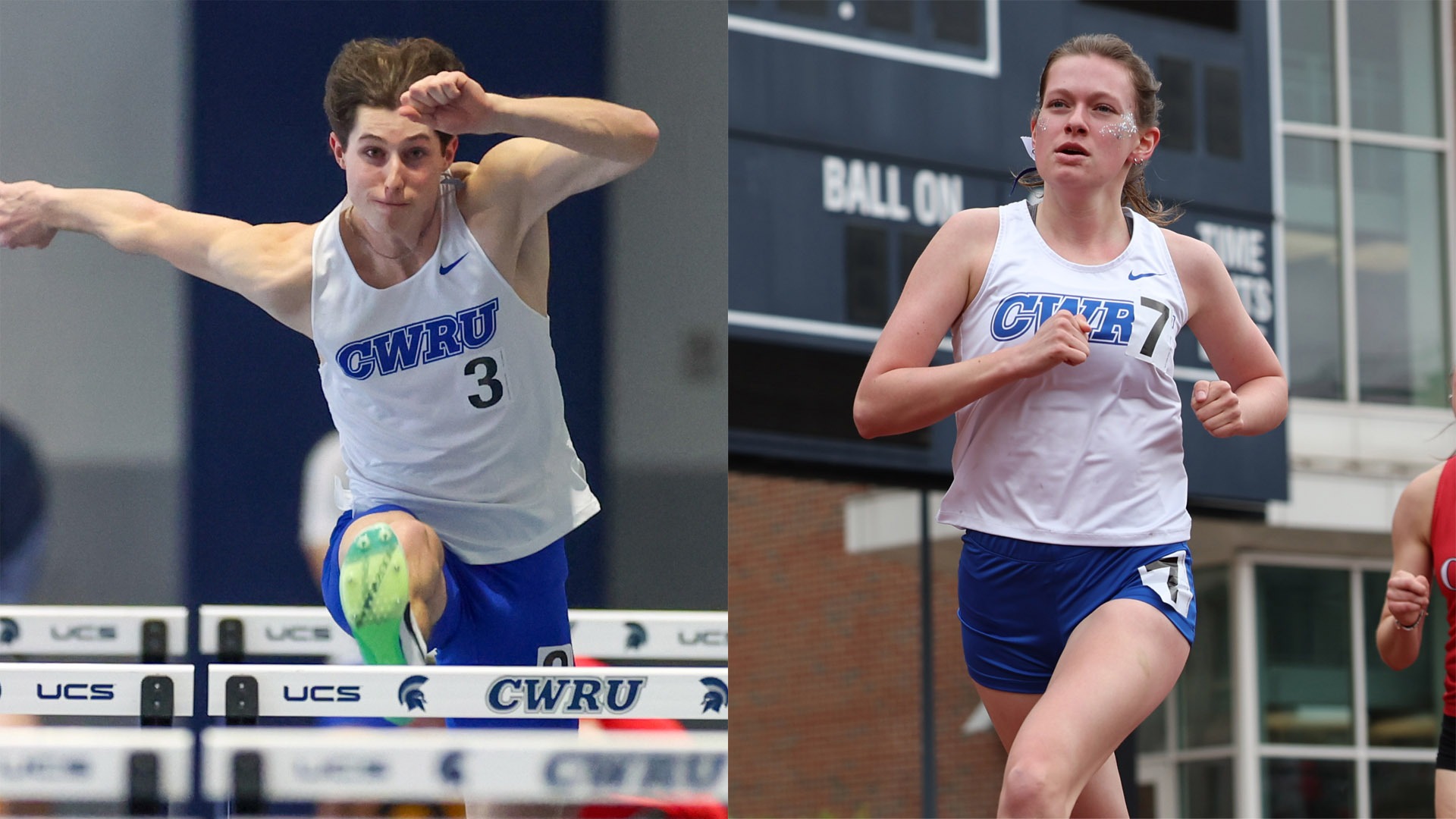Connor Evans (left) going over a hurdle; Ayla Grabenbauer (right) running in the steeplechase