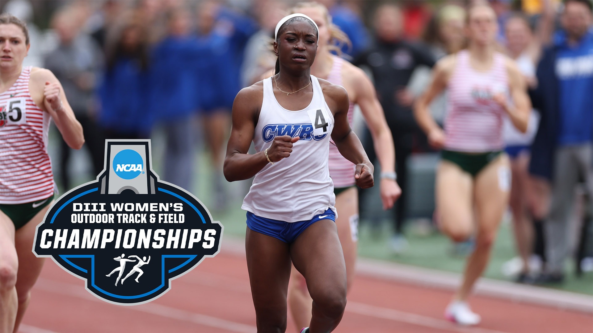 Gianna Phipps sprinting with the 2026 NCAA Division III Women's Outdoor Track and Field Championships logo bottom left