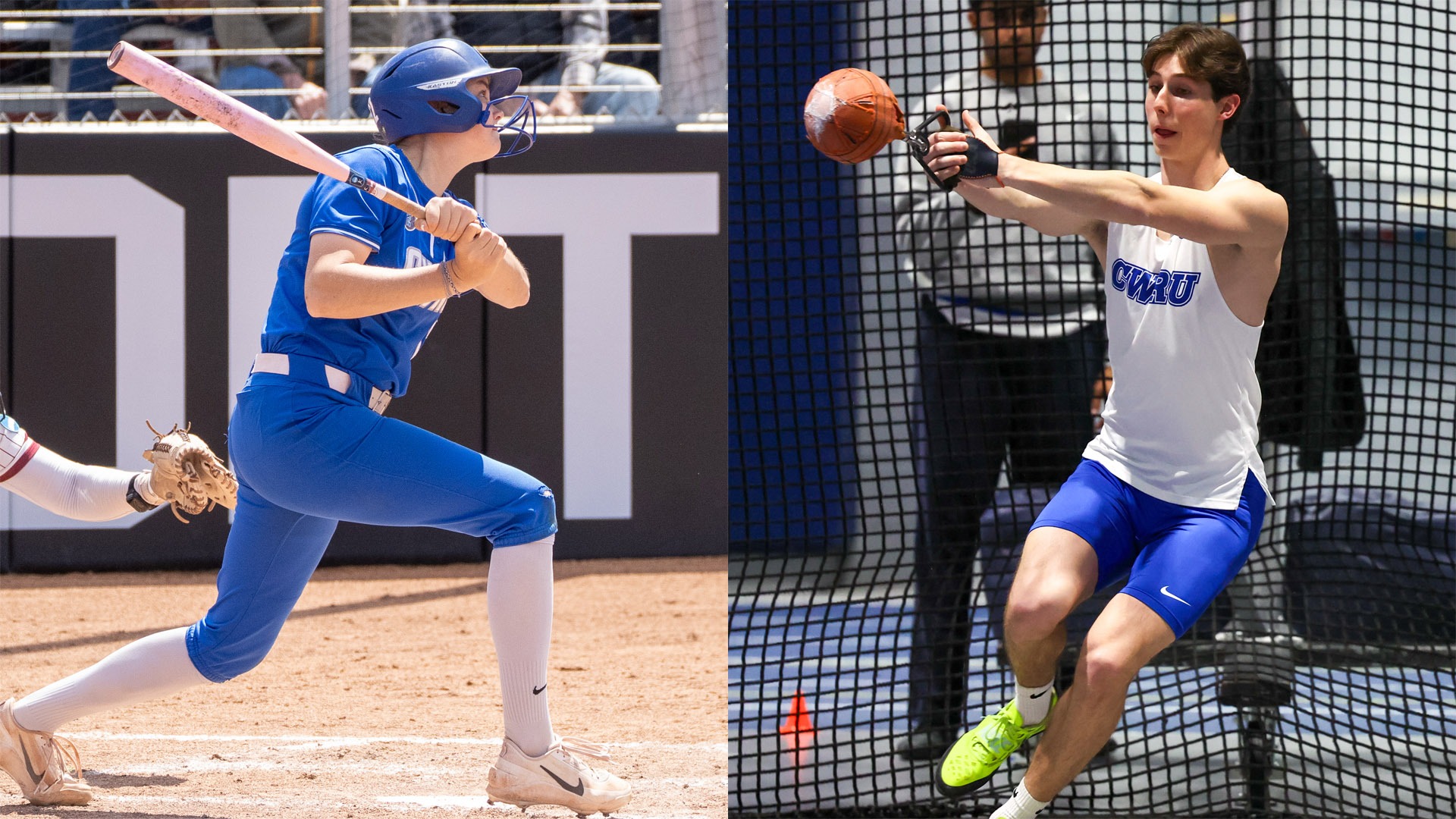 Karen Potts (left) after a swing at the NCAA Regional in Swarthmore; Connor Evans (right) in the weight throw