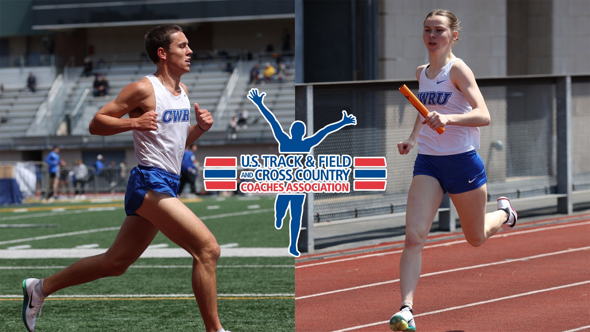 Jacob Slater (left) and Elizabeth Crossan (right) running at the 2026 UAA Outdoor Championships