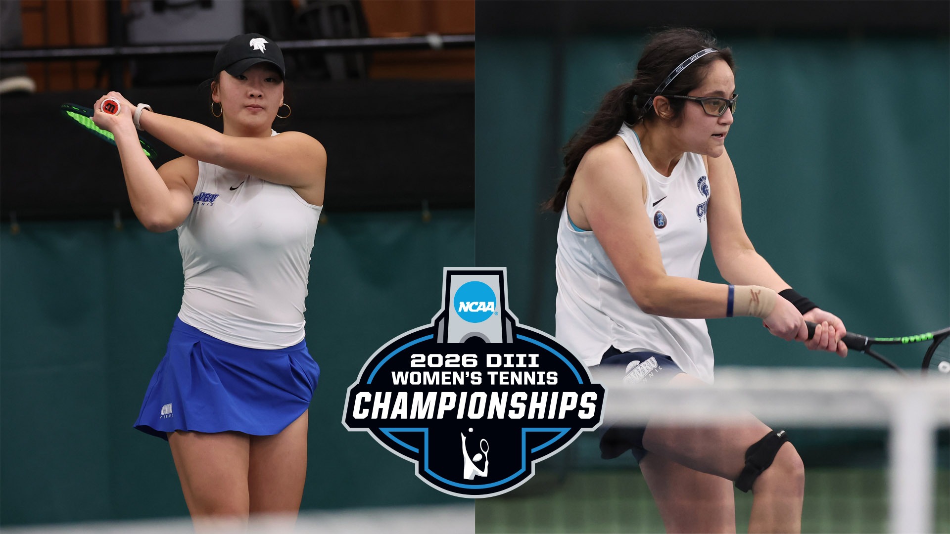 Katalina Wang (left) and Hannah Kassaie (right) playing tennis with the 2026 NCAA D3 Women's Tennis Championships logo bottom middle