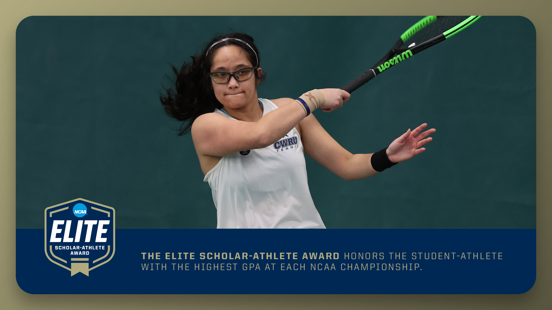 Hannah Kassaie swinging a racket; NCAA Elite Scholar-Athlete Award
