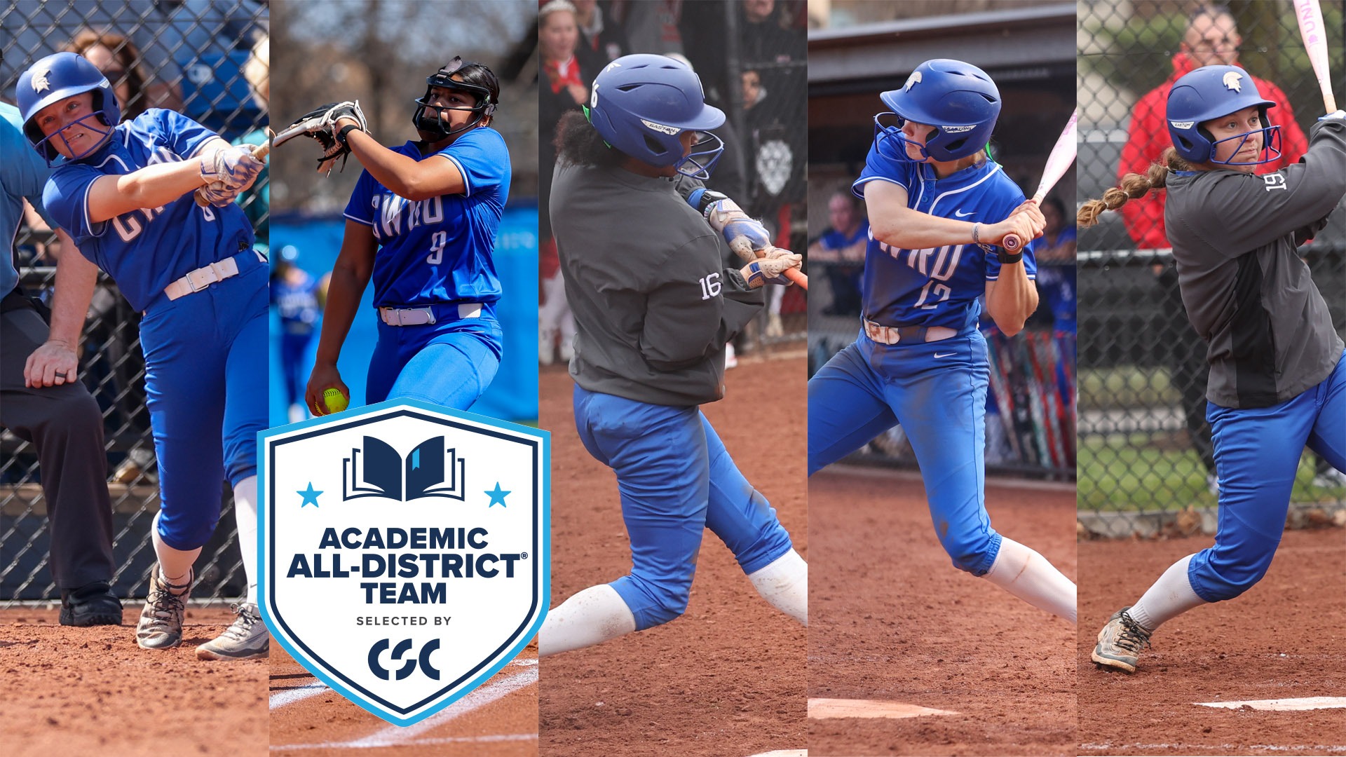 (L to R) Elizabeth Berry, Devanghi Misra, Nylah Durham, Karen Potts, Alaina Steffes with the CSC Academic All-District logo under Misra