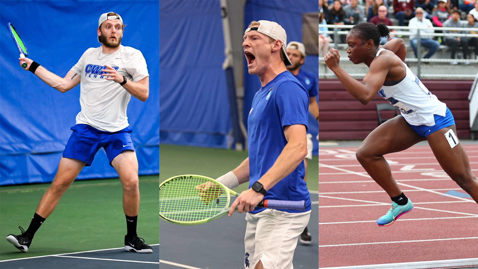 (L to R) Bryce Ware playing tennis; Trey Lambright celebrating a point; Gianna Phipps starting a sprint